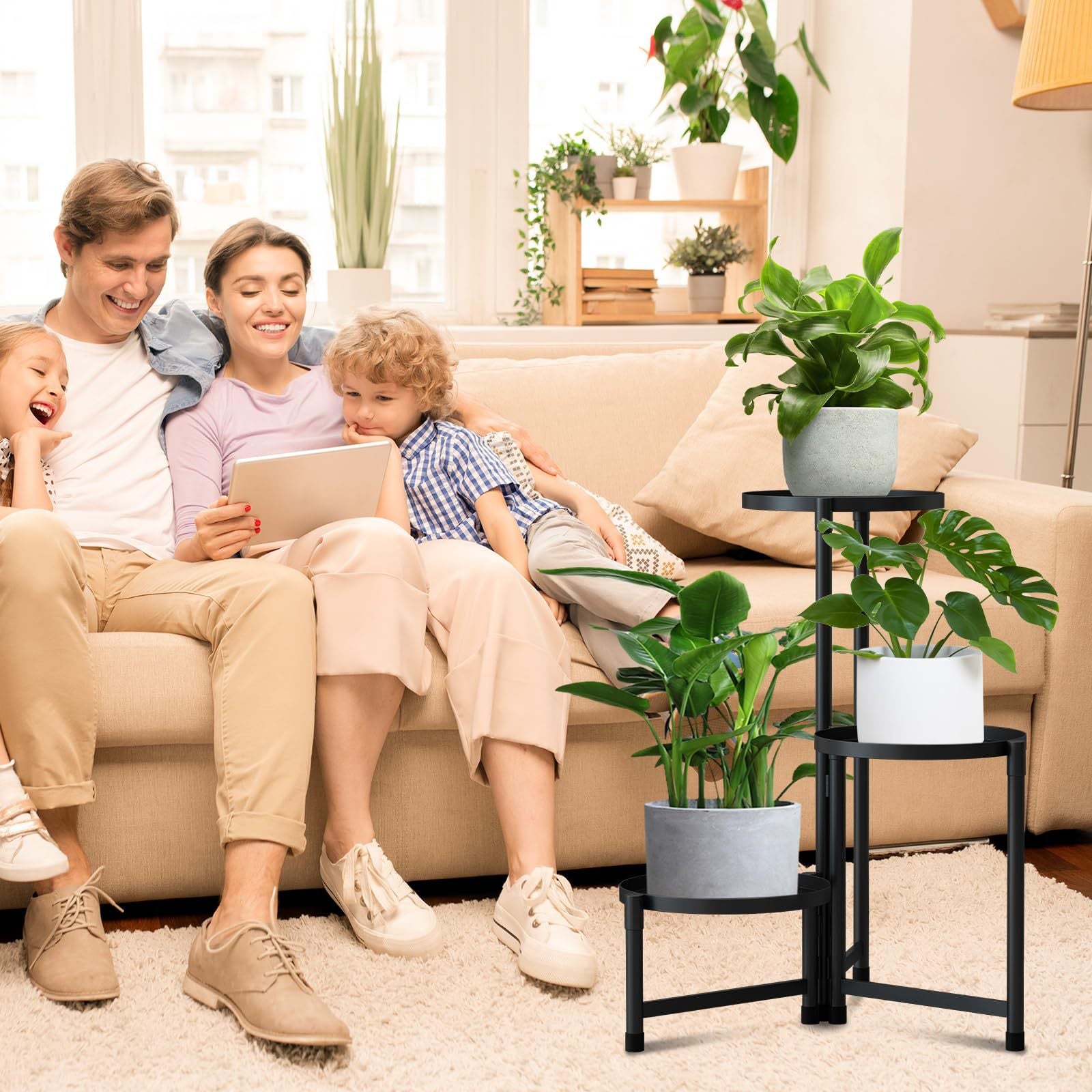 Support de plantes en métal, support de pot de fleurs à 3 niveaux pour intérieur et extérieur, support de plantes en métal pour terrasse, salon - 5