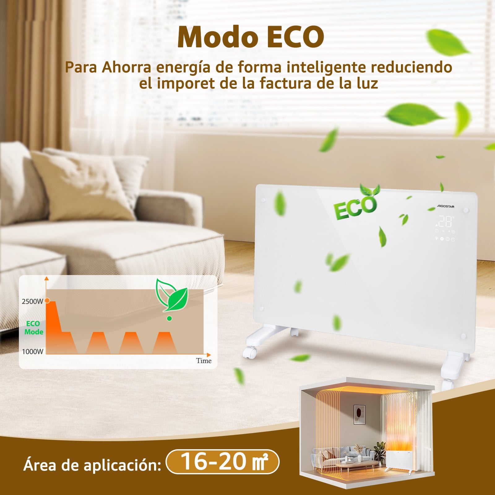 Radiador Electrico Bajo Consumo 3 Modos, Conexión Wi-fi, Programable Aigostar - 3