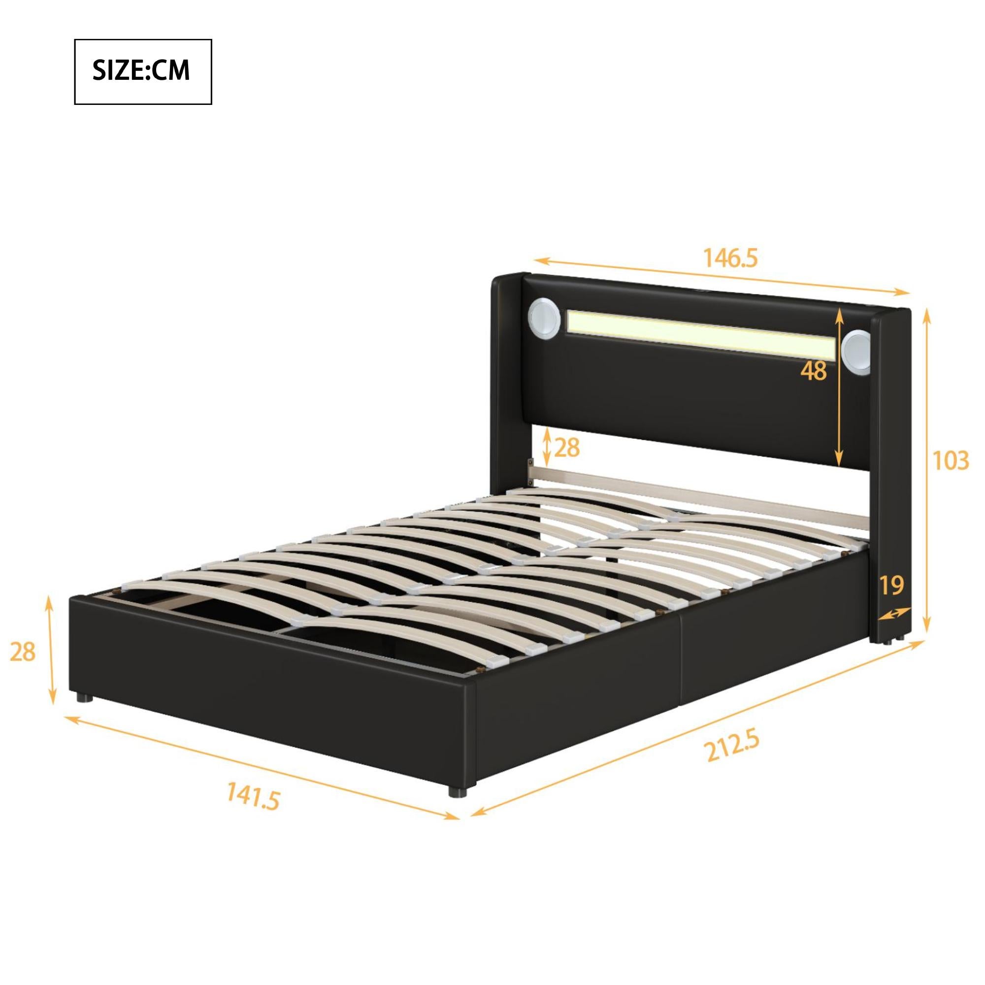 Łóżko z tapicerowanym zagłówkiem z ekoskóry 140x200cm z LED, odtwarzaczem Bluetooth i portami USB - z stelażem na listwy - Czarne - 4