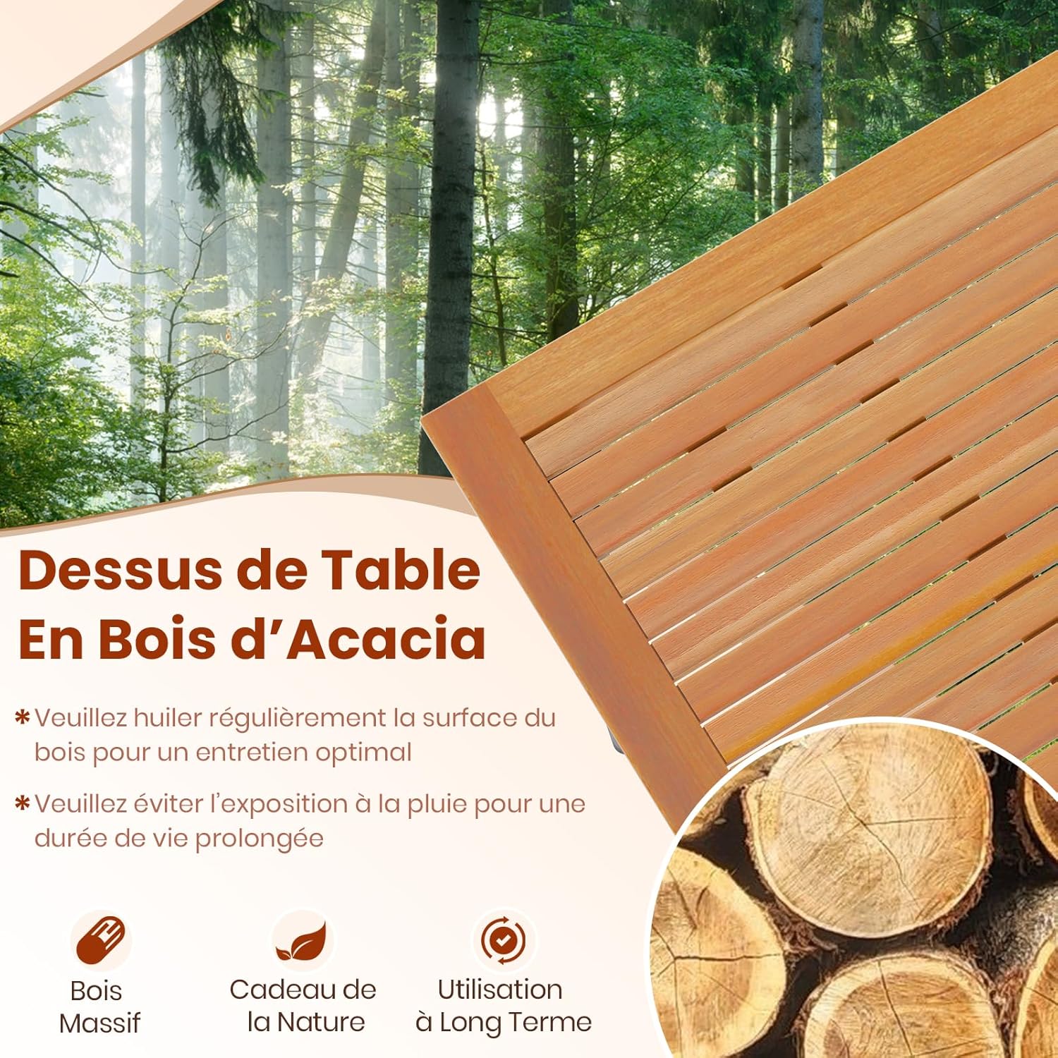 Table de Salle à Manger Jardin 8 Personnes en Bois d'Acacia-FSC, Table de Jardin Exterieur avec Trou Parasol de 5 CM, Plateau à Lattes, 200 x 90 cm - 4