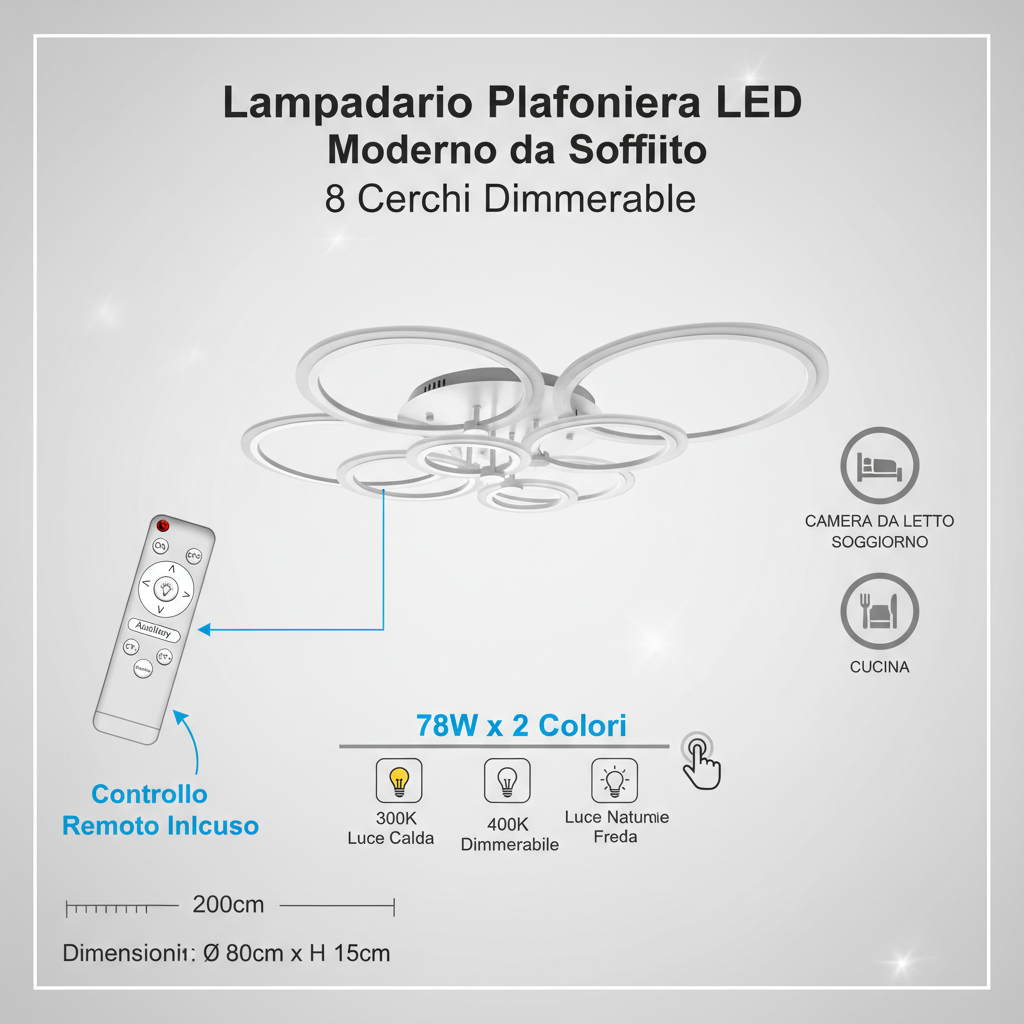 Lampadario Plafoniera LED moderno da soffitto Dimmerabile 8 cerchi per camera da letto soggiorno cucina 78W x 2 colori 3000K 4000K 6500K - 3