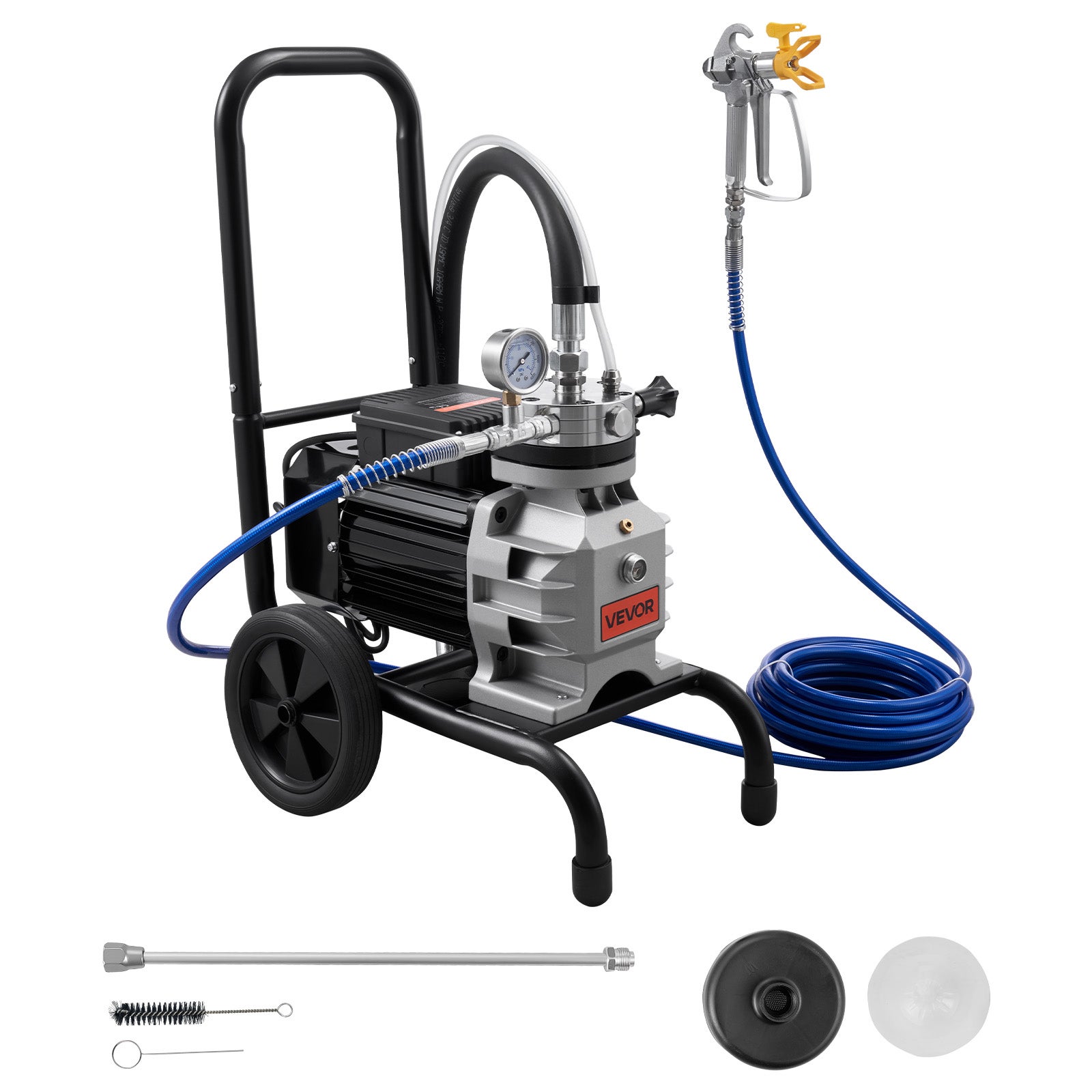 Pulverizator de Vopsea Airless VEVOR 1100 W cu Pompă cu Membrană, Presiune Maximă 15,17 MPa, Cărucior, Prelungitor și Perie pentru Vopsire