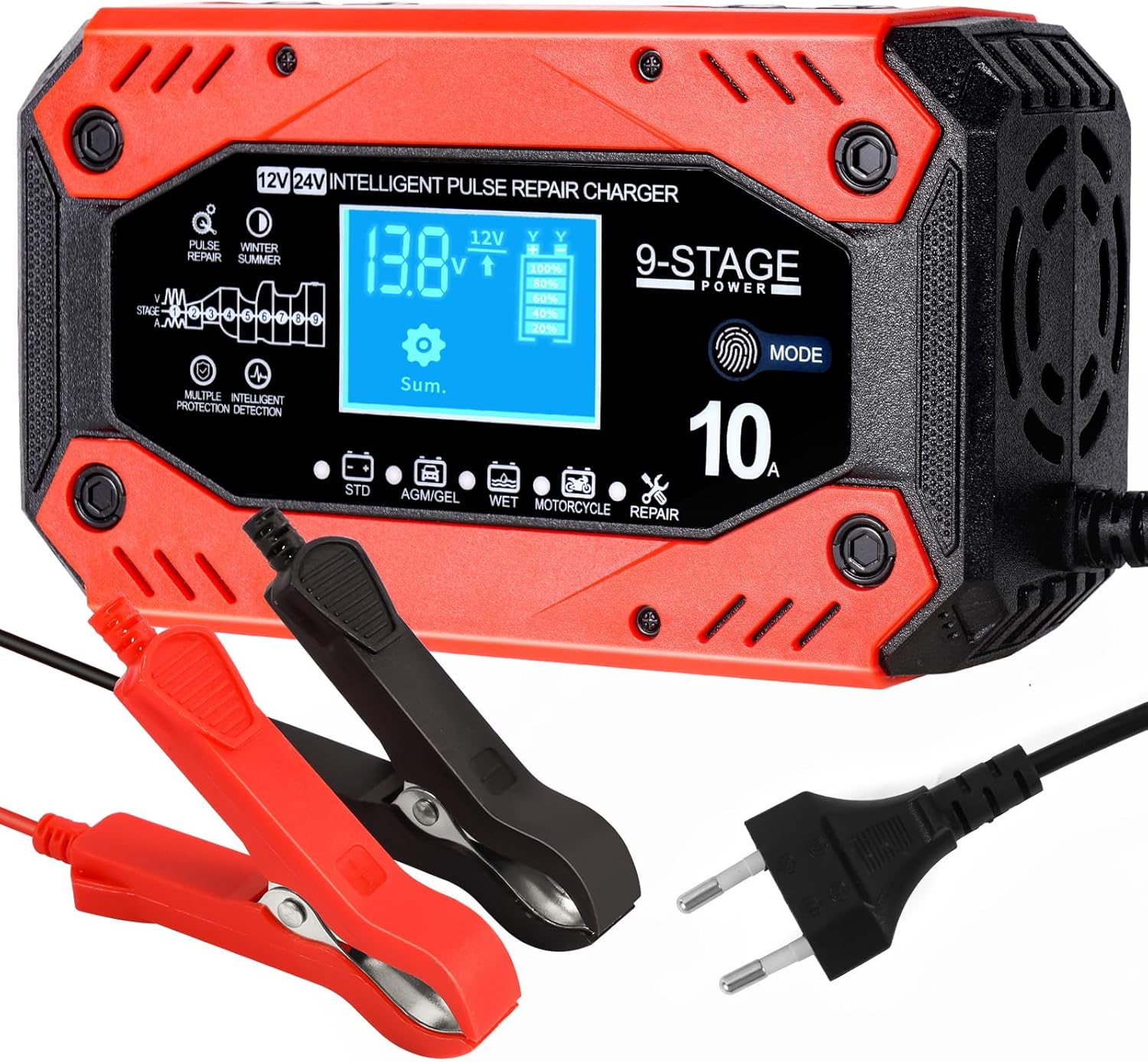 Inteligentna ładowarka akumulatorów 10A 12V/5A 24V do samochodu, motocykla, automatyczna, z funkcją naprawy, przenośna