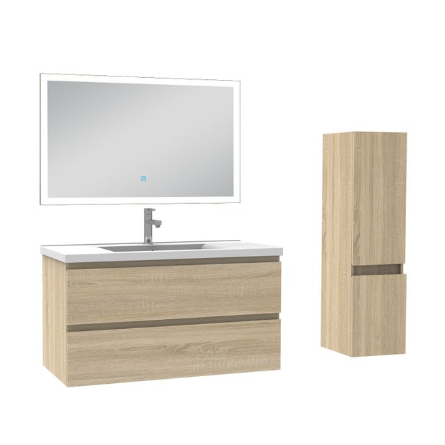 Meuble Salle de Bain 100cm vasque + colonne + miroir lumineux Chêne Wotan - OCEAN