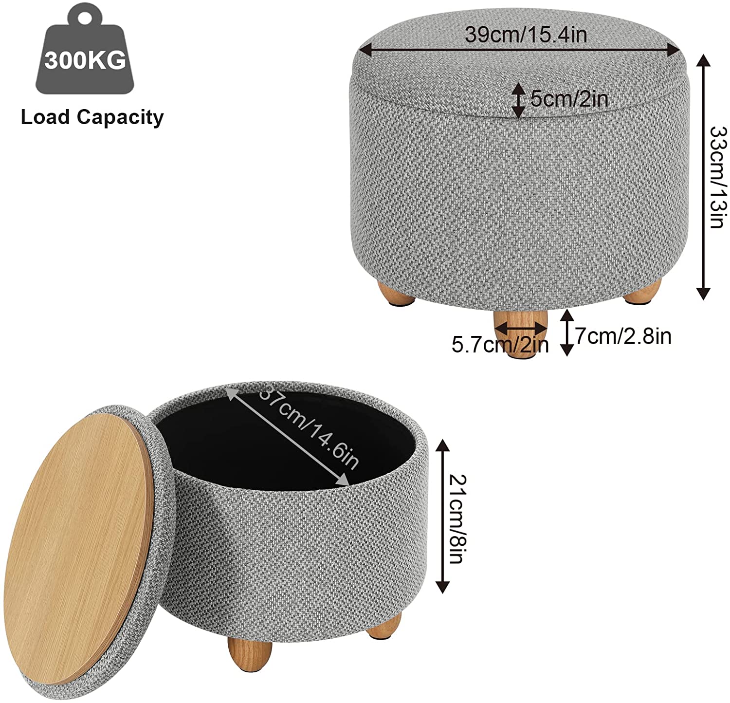 WOLTU Pouf de Rangement avec Pieds en Pin,Tabouret Rembourré avec Couvercle,Gain de Place,pour Salon,Chambre,Gris Clair - 3