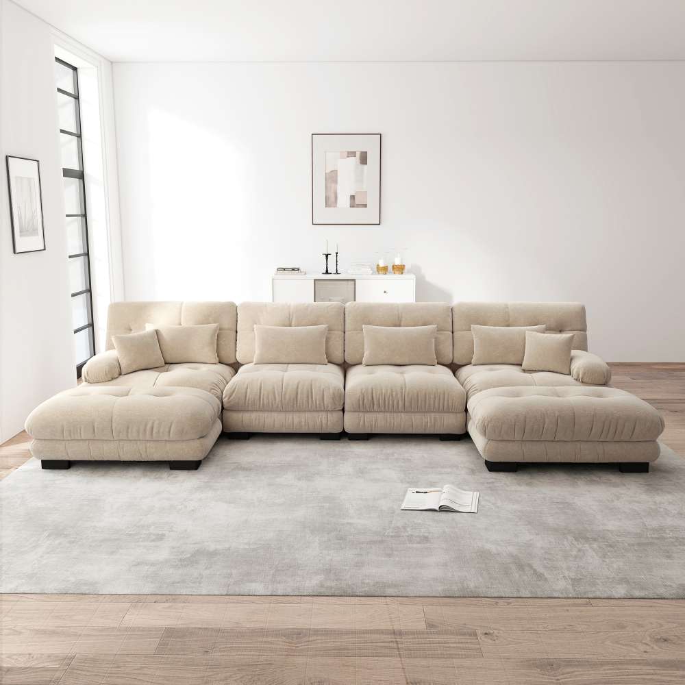 4-osobowa modułowa sofa w kształcie litery U z tkaniny szenilowej, ekstremalny komfort z mobilnym pufem i możliwością samodzielnego montażu