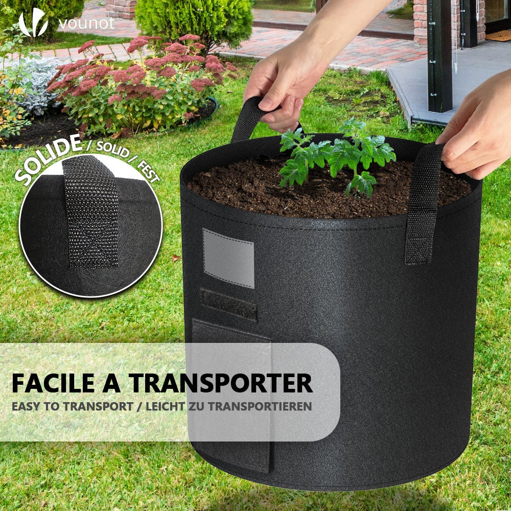 Lot de 3 sacs de plantation non tisse avec fenetre velcro et poignee 43L Noir VOUNOT® - 7