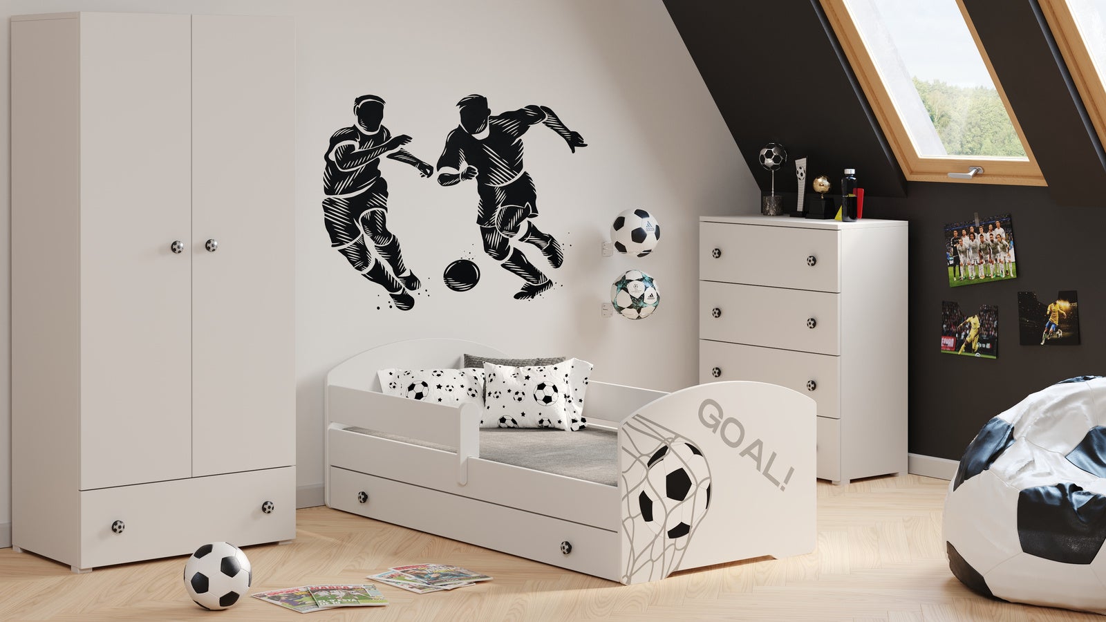 Białe Łóżko Dziecięce w Stylu Skandynawskim z Motywem Piłki Nożnej 160x80 cm z Szufladą – Zawiera Materac Piankowy, Stelaż i Kompletna Konstrukcja