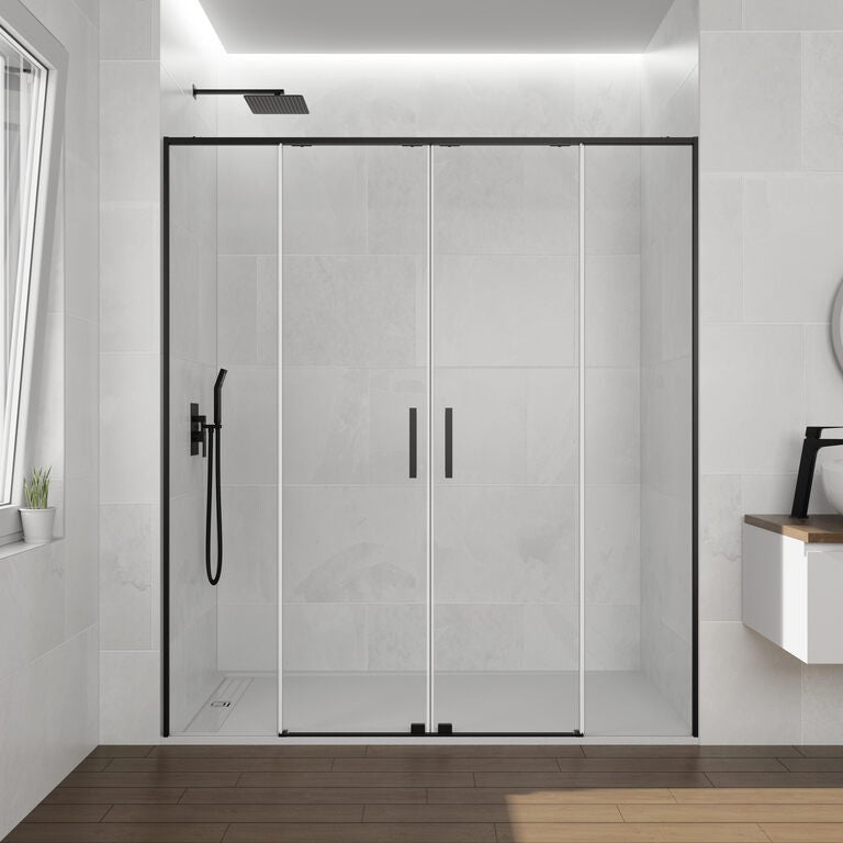 Paravan de duș frontal TWENTY 2 panouri fixe + 2 uși glisante 190 cm (181-191) negru mat sticlă transparentă
