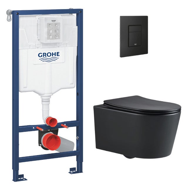 Pack WC Bâti-support + WC Swiss Aqua Technologies sans bride + Abattant softclose + Plaque (RapidSL-BlackSATrimless-KF0)
