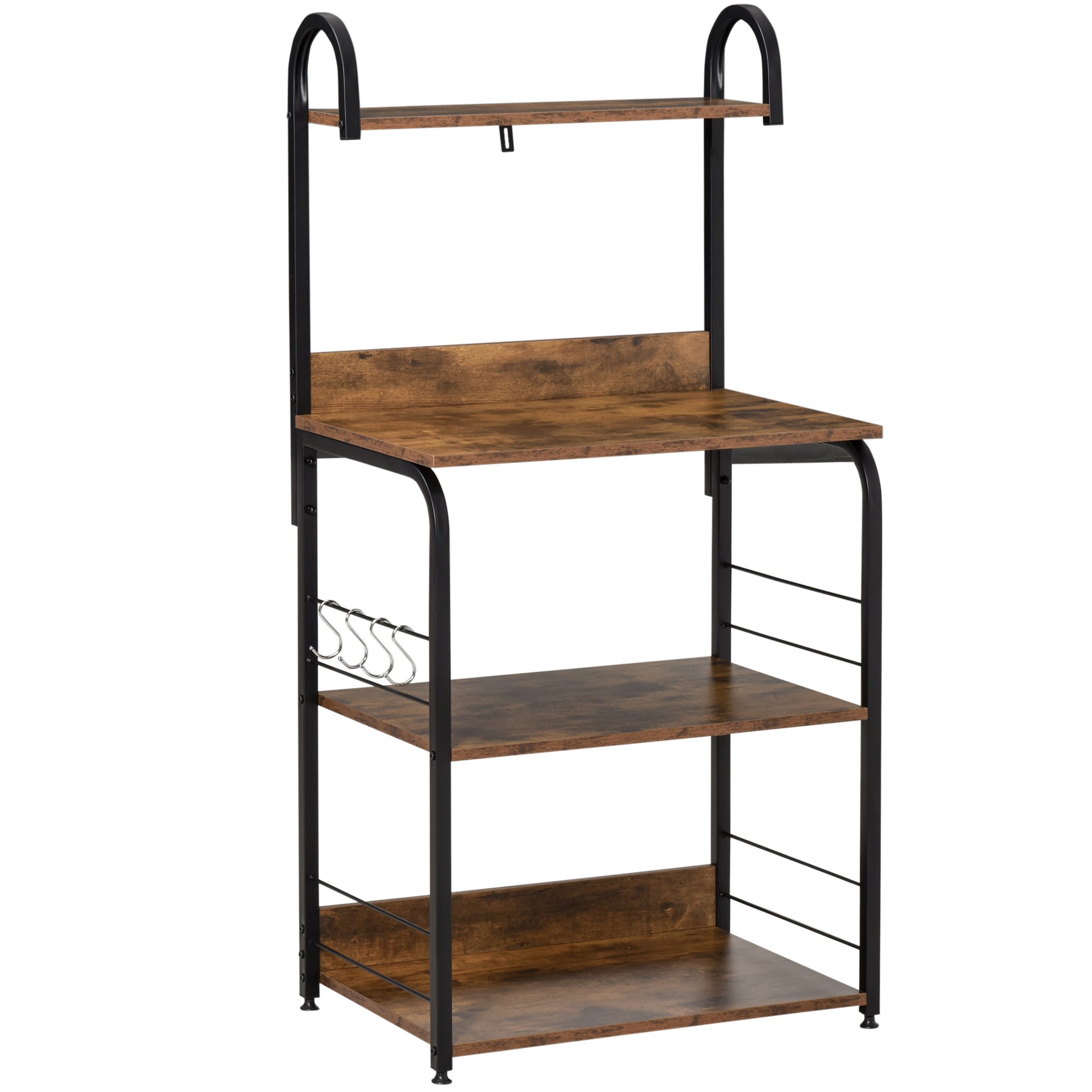 Estantería de cocina, estante para microondas con 3 baldas, estante, ganchos, estructura de acero, 60 x 40 x 125 cm, efecto madera de caoba