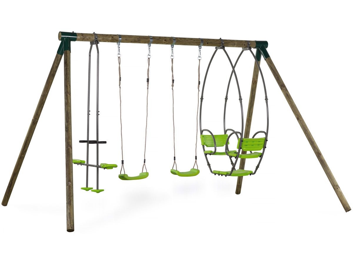 Drewniany zestaw huśtawkowy "Nelio" - Z 2 huśtawkami, 1 przeciwległą i 1 nosidełkiem.