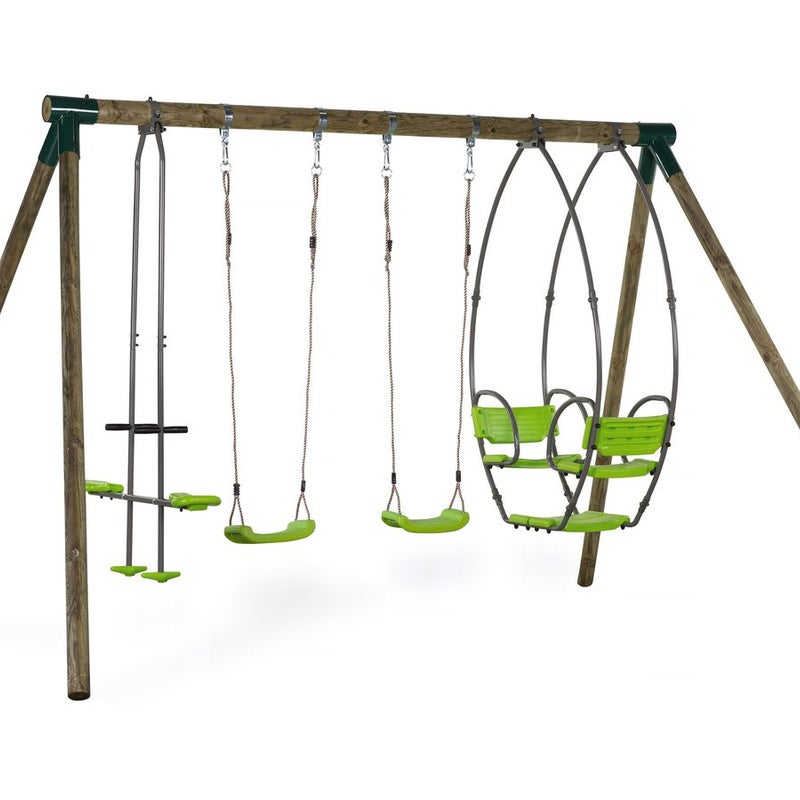 Drewniany zestaw huśtawkowy "Nelio" - Z 2 huśtawkami, 1 przeciwległą i 1 nosidełkiem.