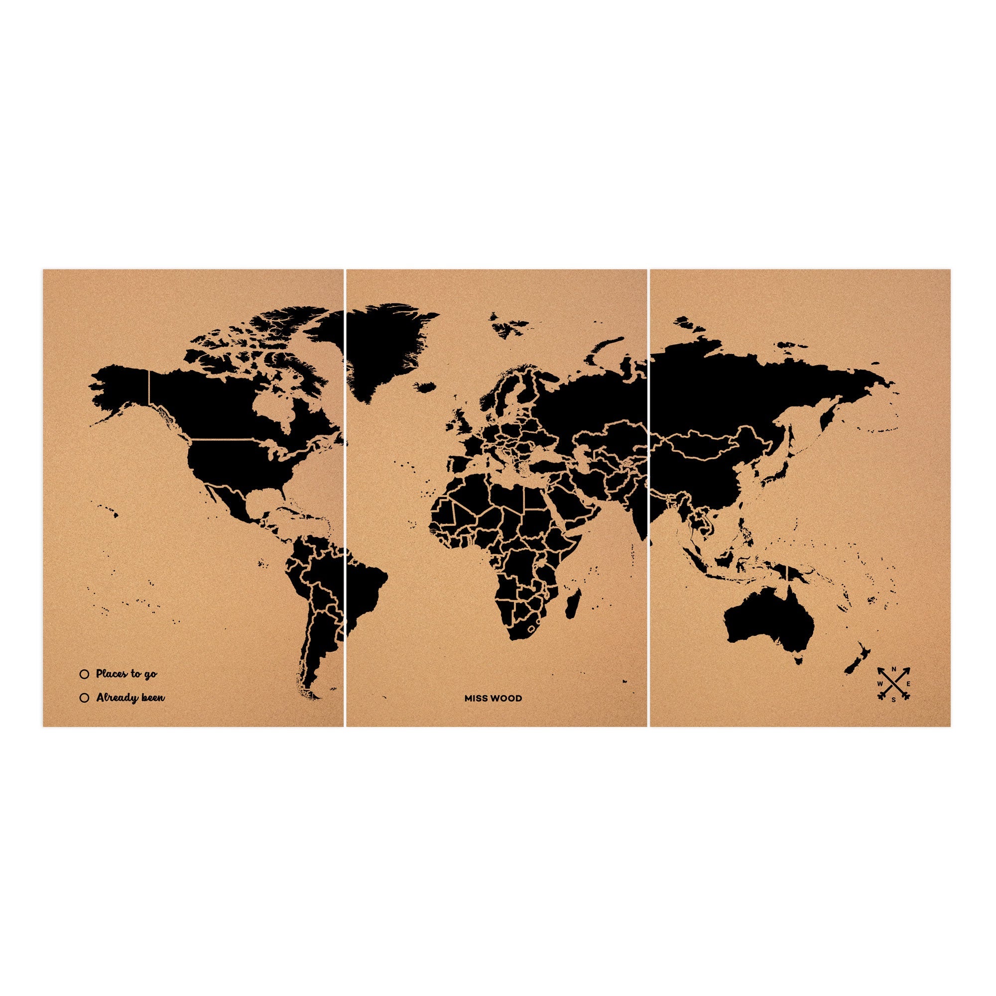 Mapamundi corcho - woody map natural world / 180 x 90 cm / negro / sin marco