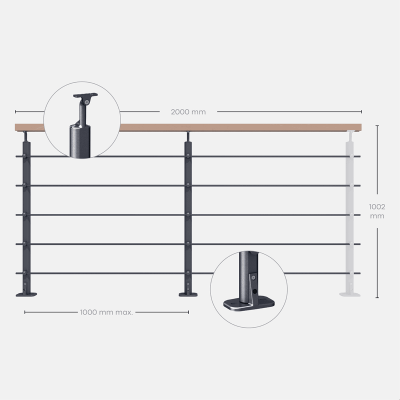 Kit garde-corps anthracite avec main courante hêtre 2m pose à plat, Opalu KORDO - 5