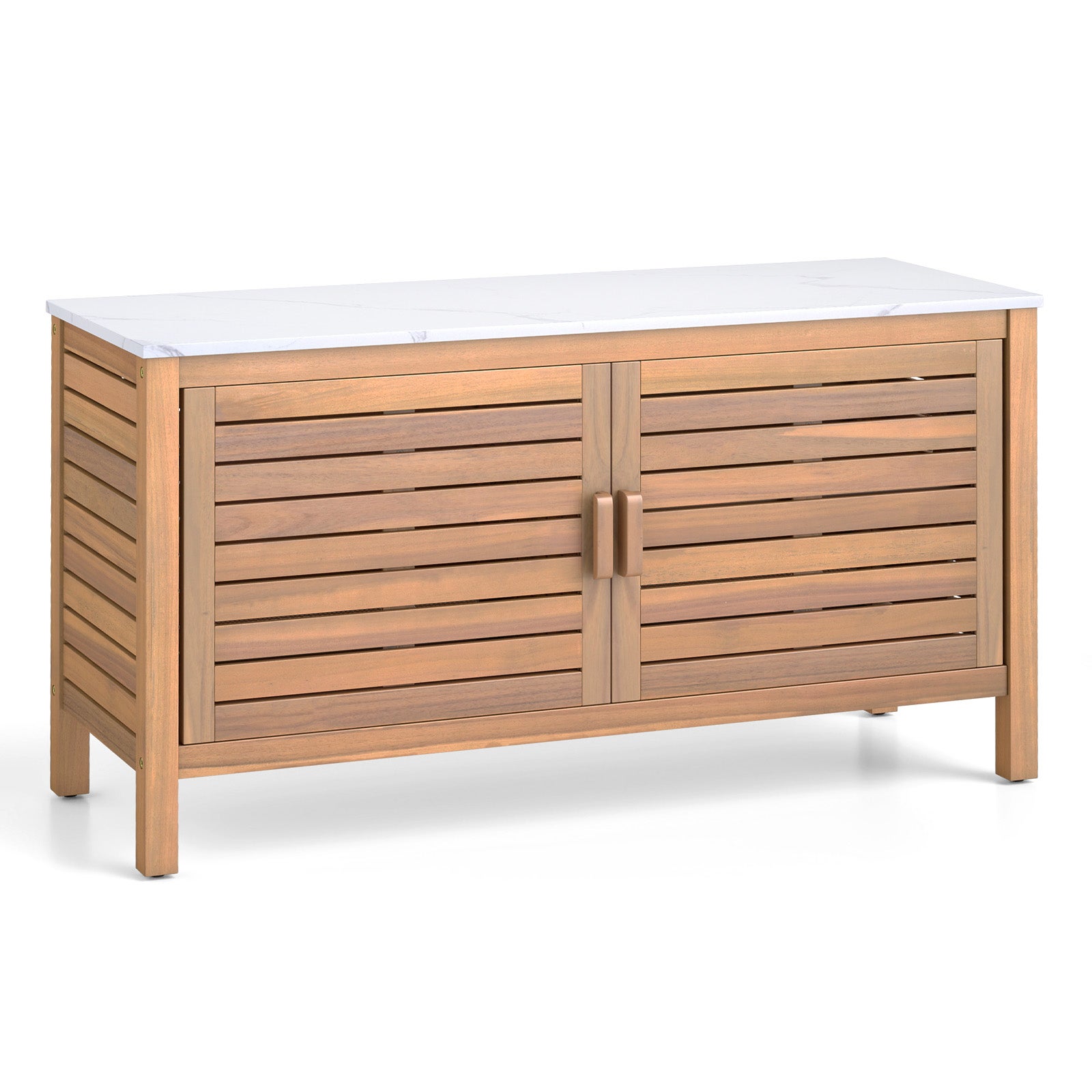 Szafka Ogrodowa z Drewna Akacjowego 109 x 40 x 60 cm, Skrzynia Ogrodowa z Regałem Imitującym Marmur, Schowek na Narzędzia na Balkon