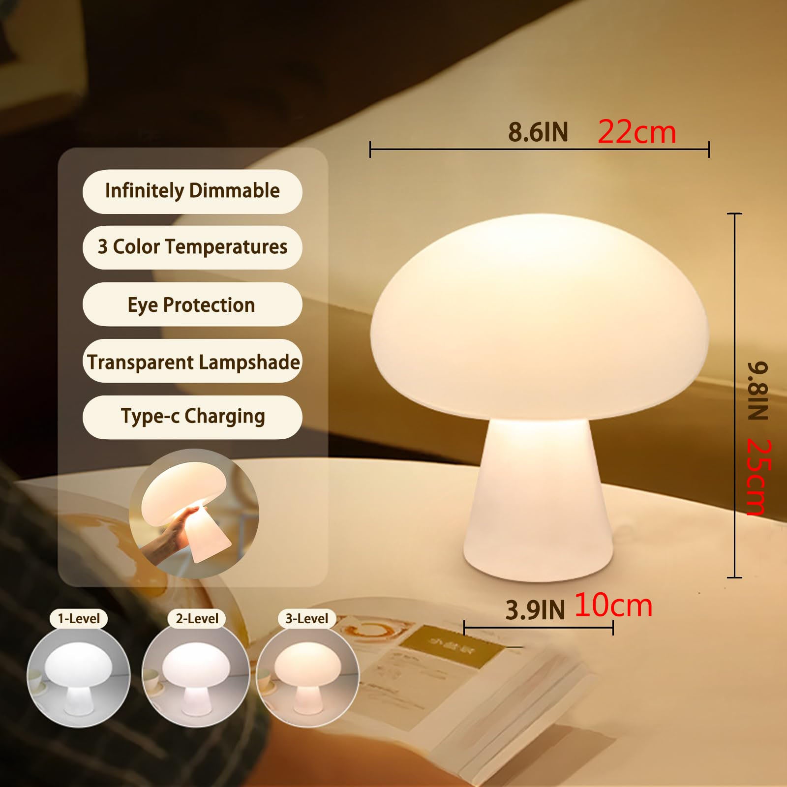 Lampe champignon, lampe de table sans fil, 3 couleurs, variateur d'intensité, portative, rechargeable par USB - 2