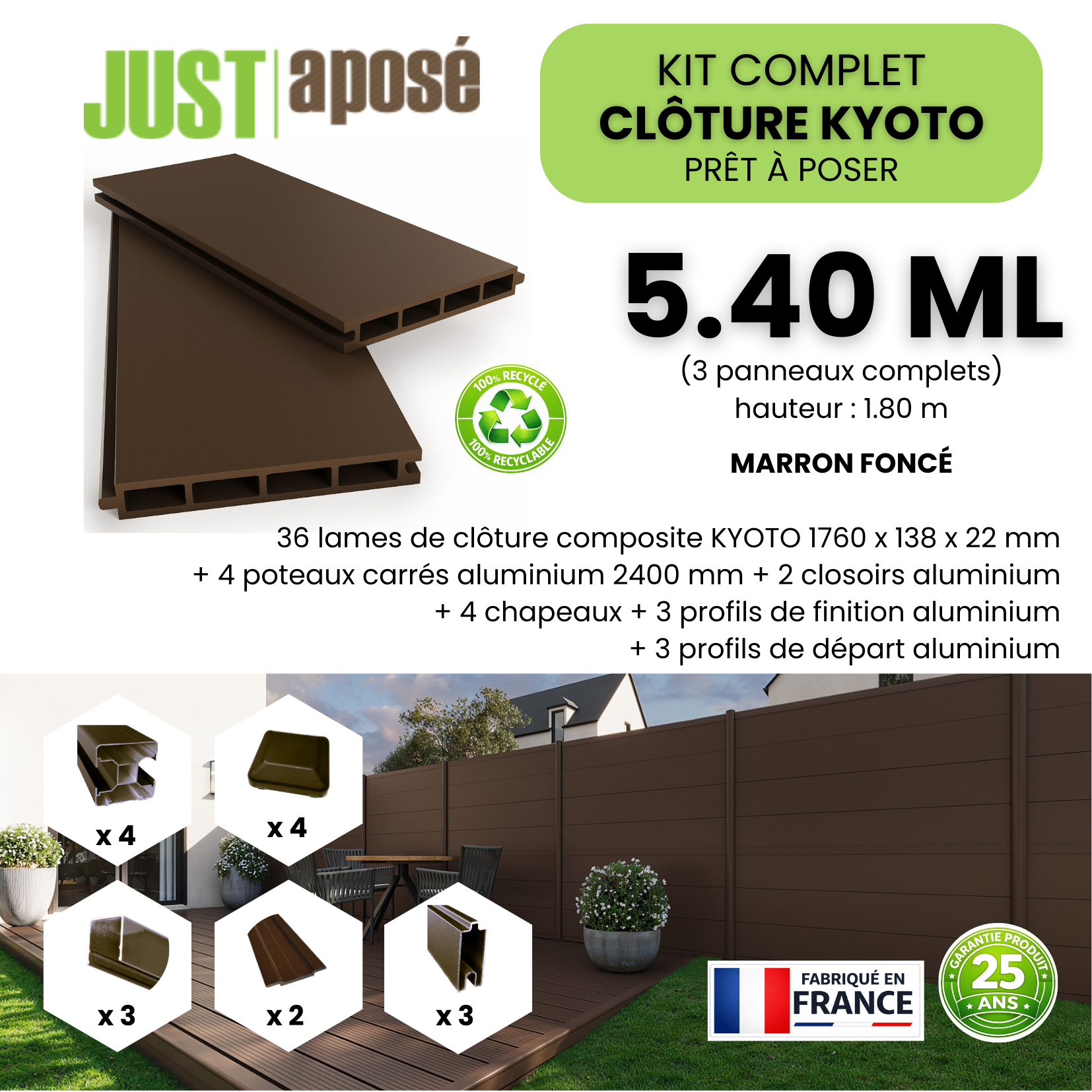 Kit complet clôture composite KYOTO - 3 panneaux complets - 5,40 x 1,80 m - Prêt à poser - Marron foncé - 3