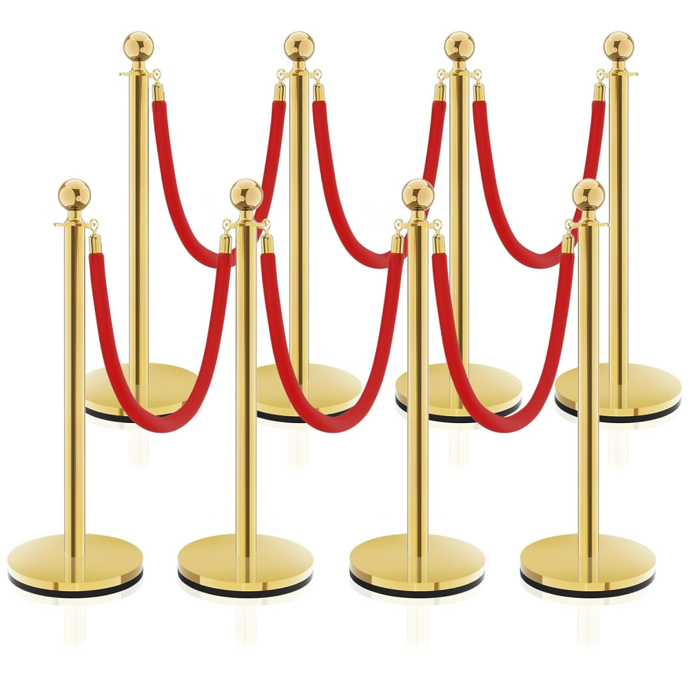 Set de 8 postes dorados de acero inoxidable con 6 cuerdas de terciopelo rojo, barreras para control de multitudes, eventos, bodas, alfombra roja