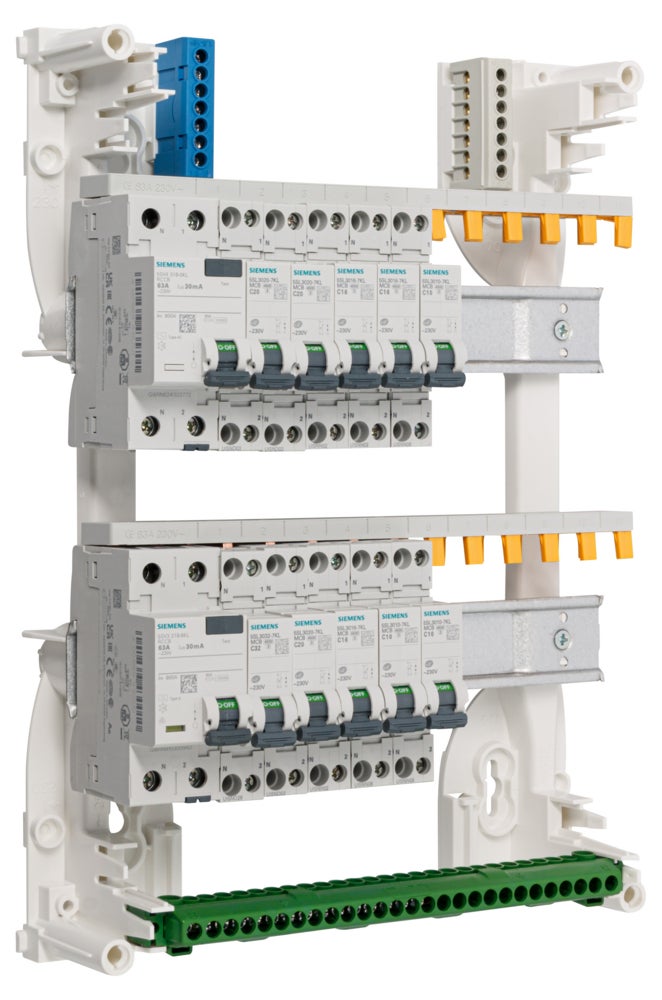 Tableau électrique Siemens 2 rangées, IP30, IK05, 350x250x97 mm, 2 interrupteurs différentiels 30mA 63A, 10 disjoncteurs variés - 3