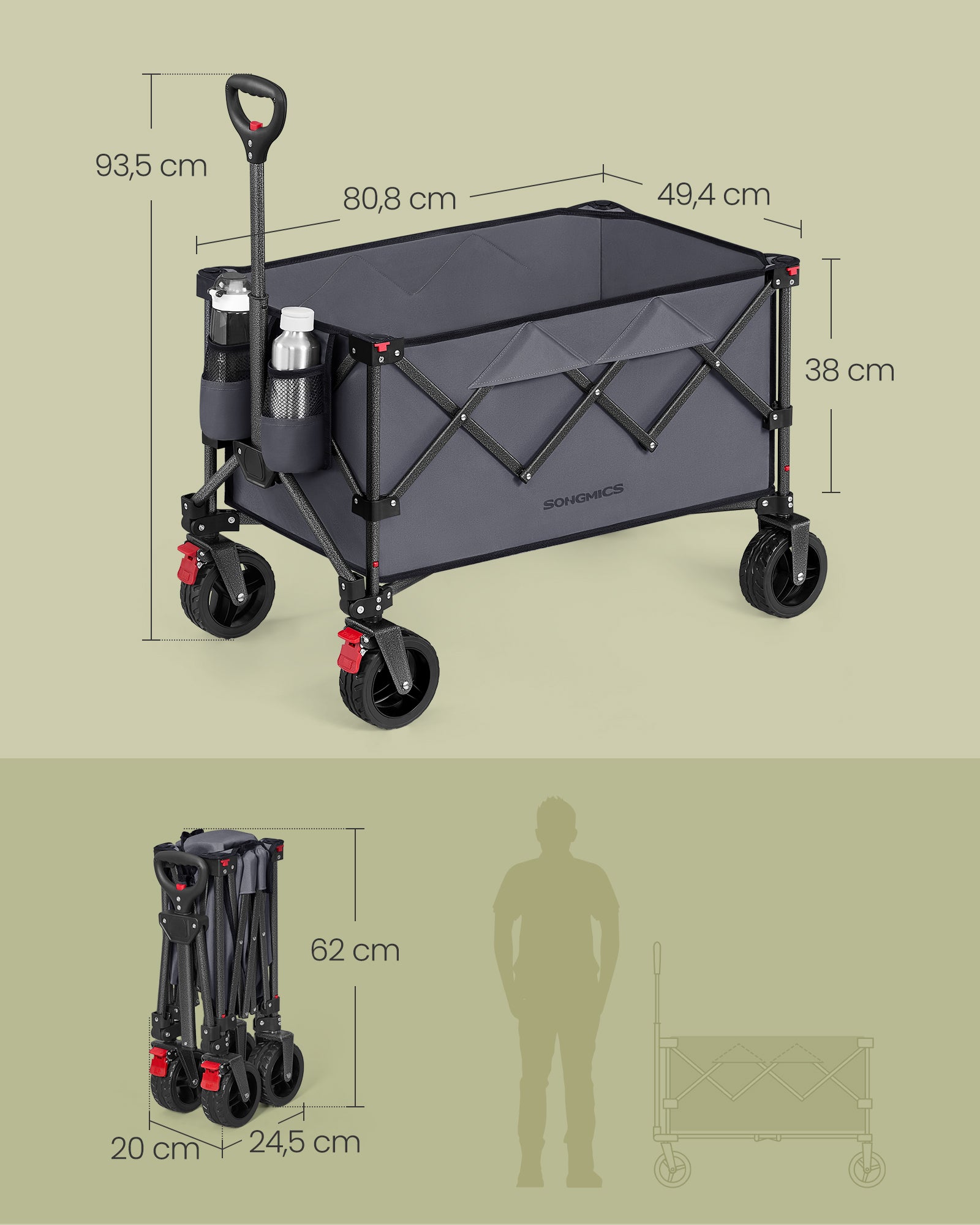 Chariot Pliable, Capacité de 150 L, Supporte Jusqu’à 150 kg, avec Poignée, 4 Roues Amovibles, pour Extérieur, Plage, Camping, Gris Ardoise - 4