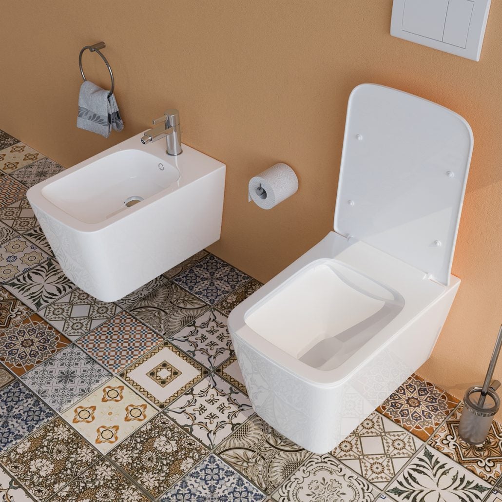 Sanitari bagno Bidet e Vaso WC SOSPESI filomuro RIMLESS in ceramica con sedile coprivaso softclose CUBE - 5