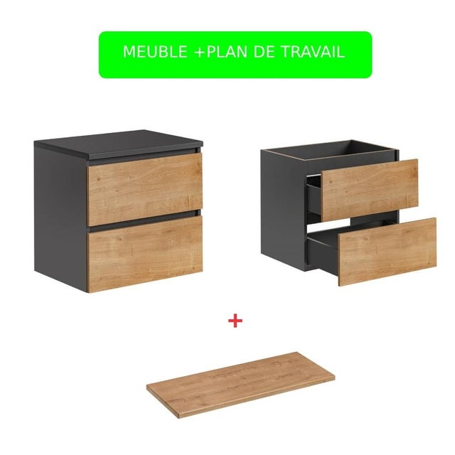 Meuble de salle de bain Chêne hamiltion et gris diamant L60-H57-P46 - Marseilla + Plan de vasque en bois CHÊNE D'HAMILTON L-60-P47-H2,5