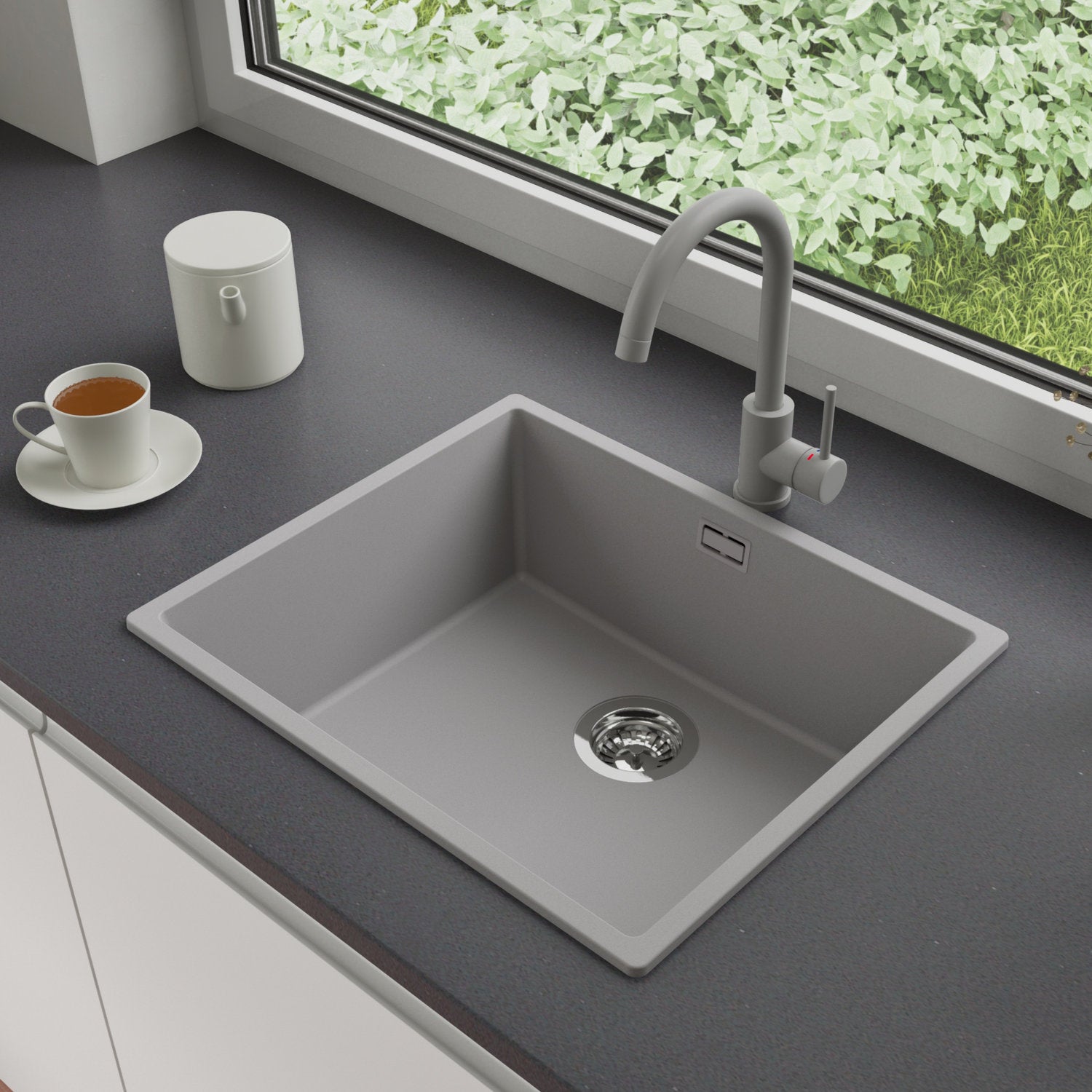 Zlewozmywak Granitowy 56x47cm, do szafki od 60cm + Bateria + Syfon - Agate Szary STONESTYLE