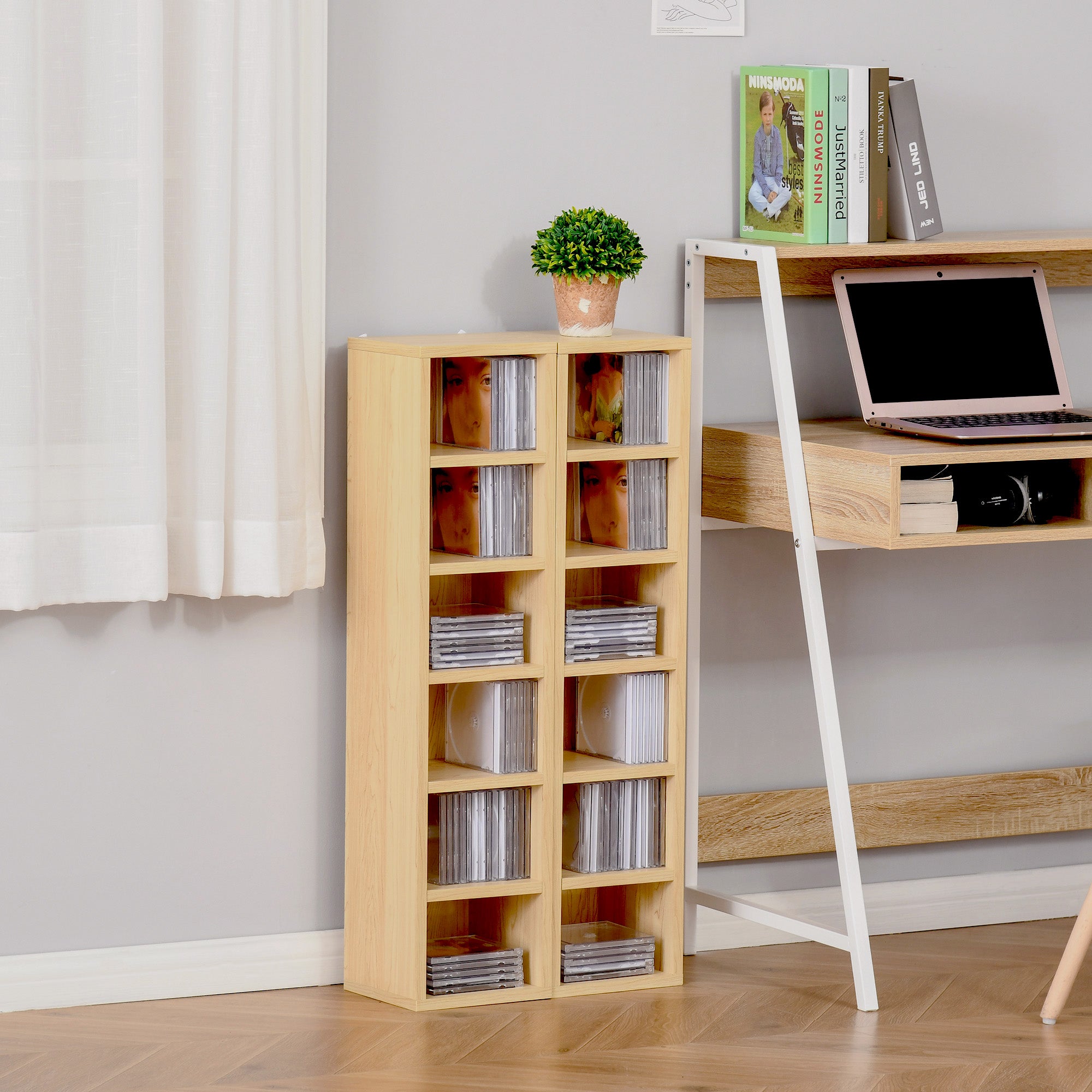 Lot de 2 étagères colonnes Armoire de Rangement CD-DVD 6 + 6 Compartiments dim. 21L x 19l x 88H cm capacité Max. 160 CD Coloris hêtre - 8