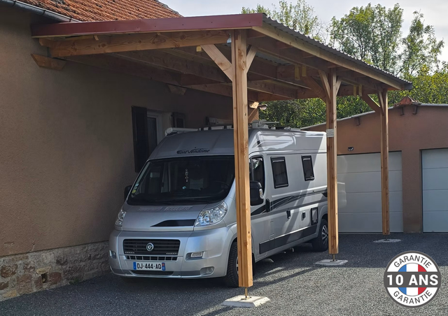 Carport Bois Douglas Français 36 m² – Toit plat adossé – 4 poteaux – Abri camping car extérieur – Garantie 10 ans