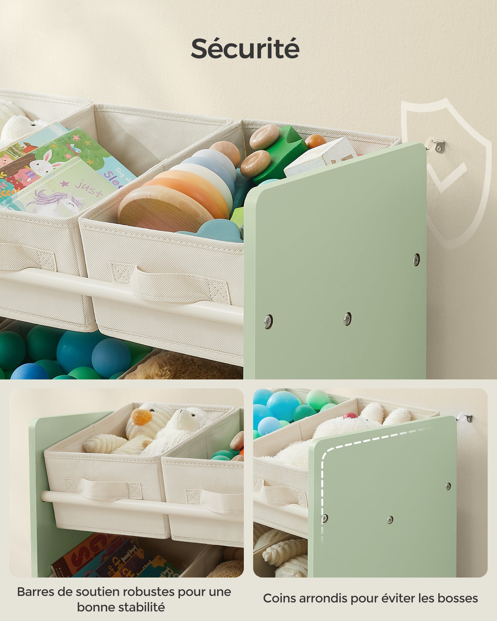 Étagère à Jouets pour Enfants, 9 Boîtes de Rangement en Tissu Non-tissé, Spacieuse, 29,5 x 62,5 x 60 cm, Vert Laurier - 4