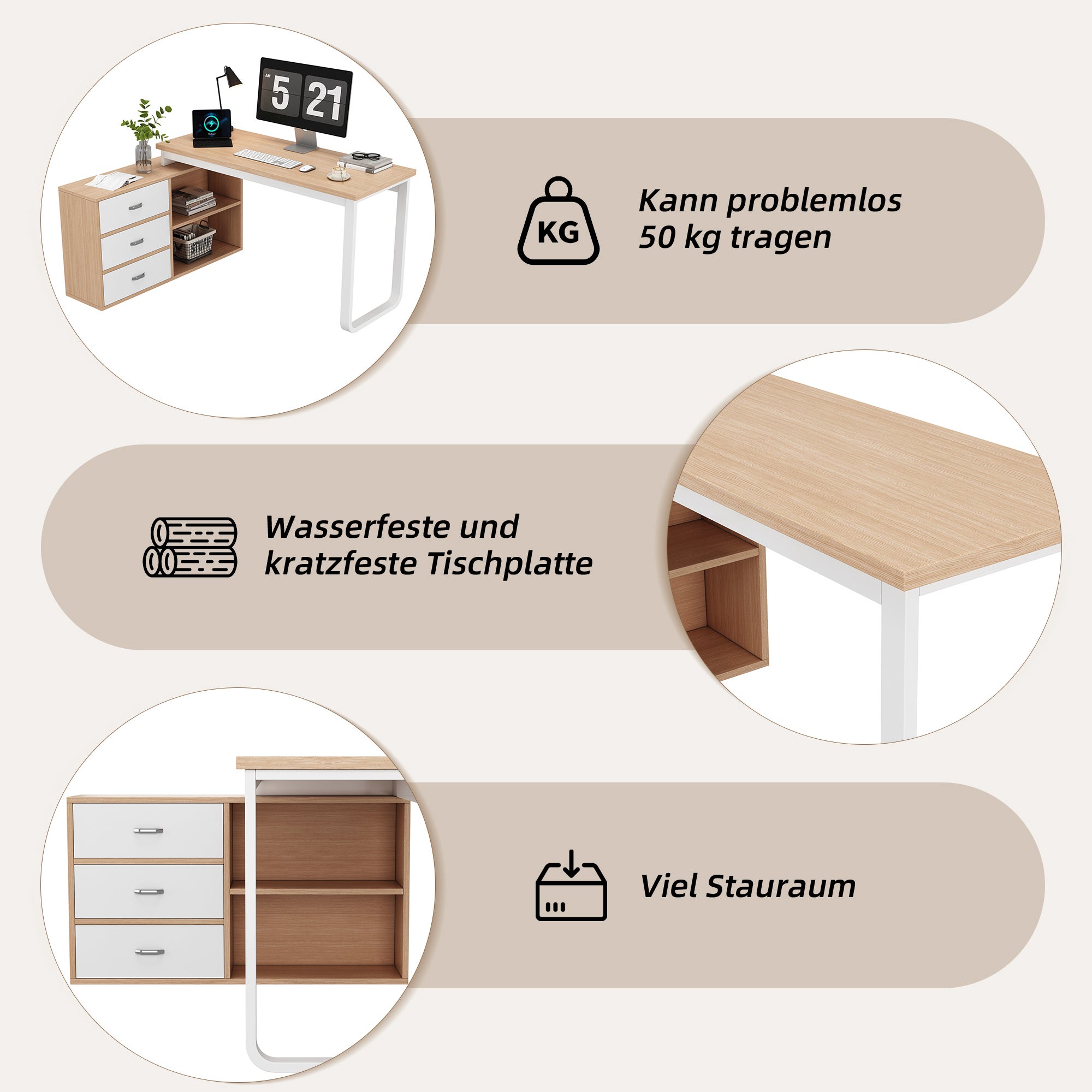 Bureau d'angle avec 3 tiroirs et 2 compartiments de rangement - 147 x 100 x 75.3 cm - MDF et pièds en acier - Naturel - 7