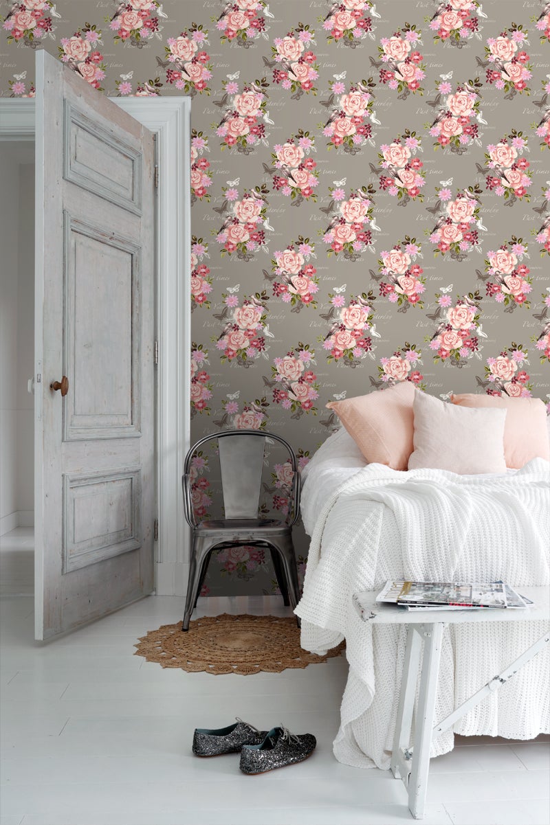 Carta Da Parati Floreale In Tessuto Non Tessuto - Marrone, Rosso E Crema, 10.05x0.53 M