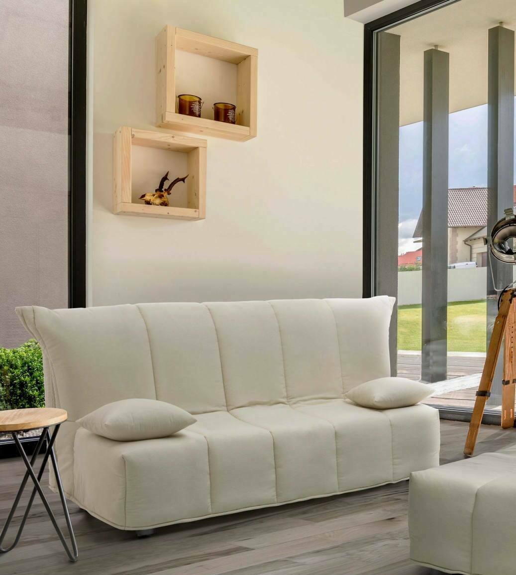 Sofá cama 2 plazas alisee, sofá de salón con apertura para carro de tejido acolchado, cojines incluidos, 100% made in italy, cm 125x90h85, beige