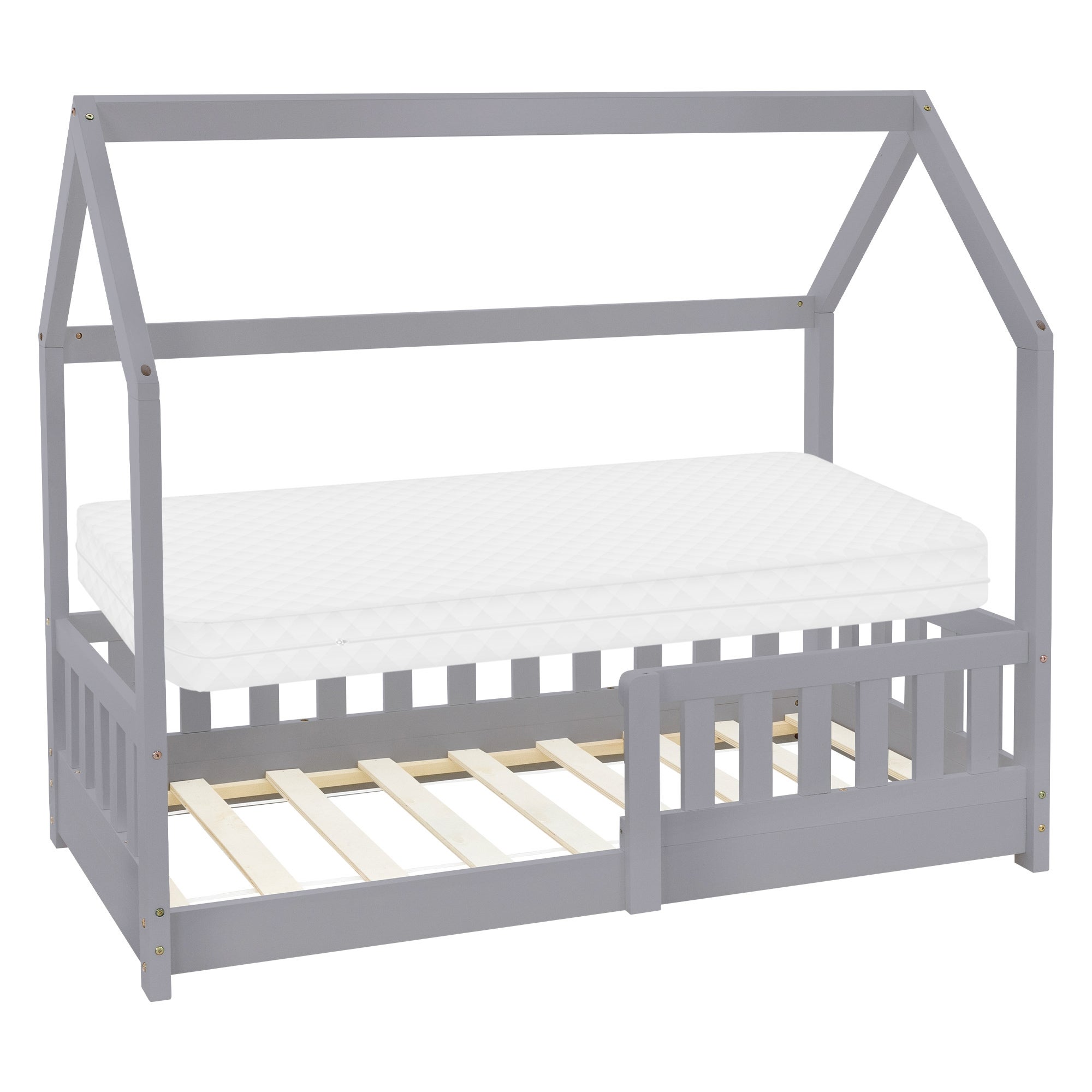 Lit cabane enfant 70x140 cm gris clair en bois massif avec matelas, antichute, toit et sommier à lattes, couchage maisonnette - 4