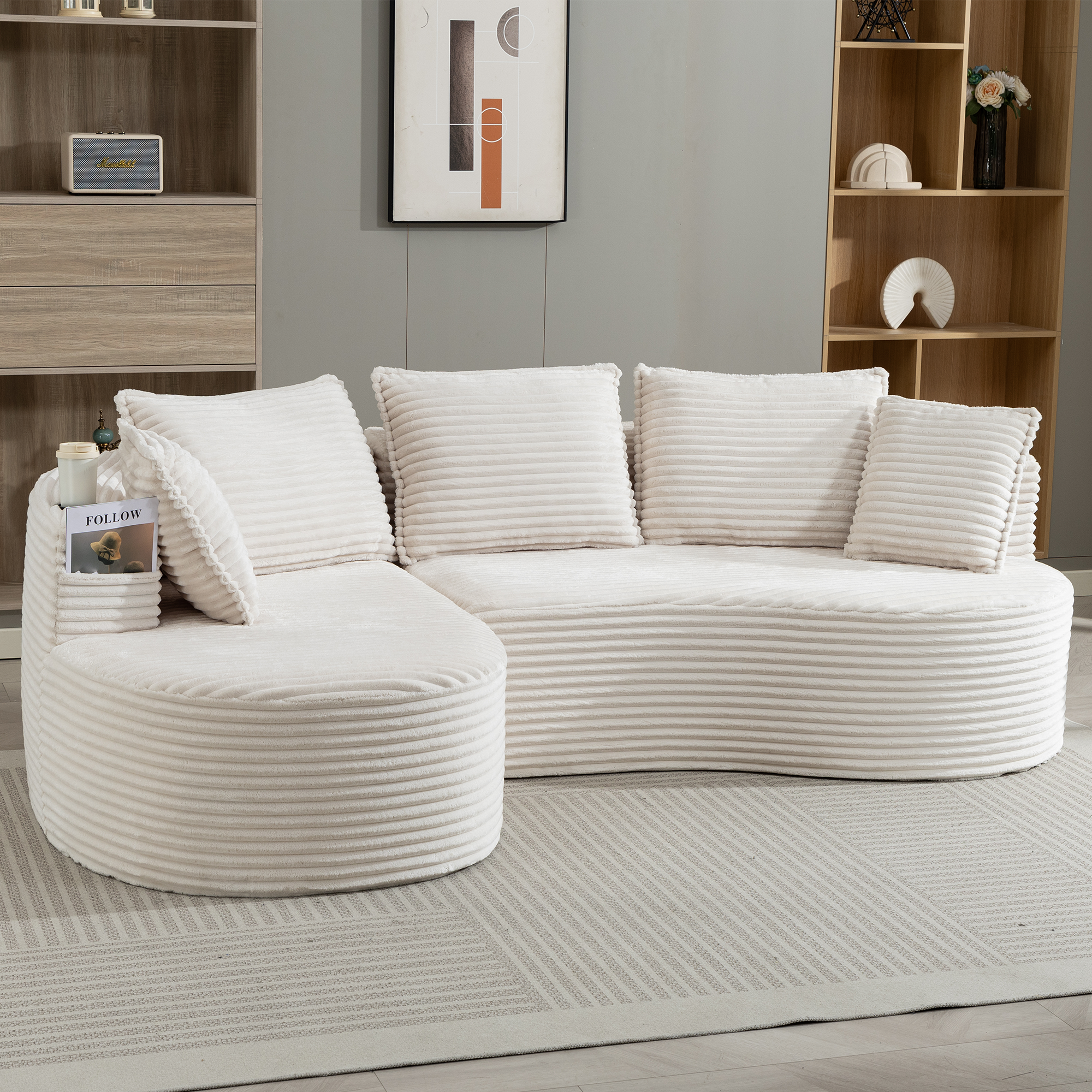 Canapé incurvé en velours côtelé souple 250 x 152 x 82 cm Canapé 3-4 Places avec porte-gobelet, poche de rangement et Coussins Beige - 3