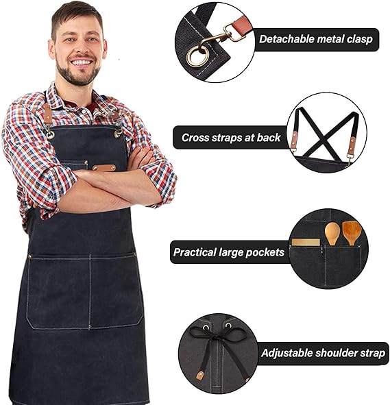 Tablier de Cuisine Tablier Barbecue Homme Tablier de Travail Femme avec Sangle Réglable et 3 Poches Tabliers Toile pour Serveurs Cuisson，marron - 3