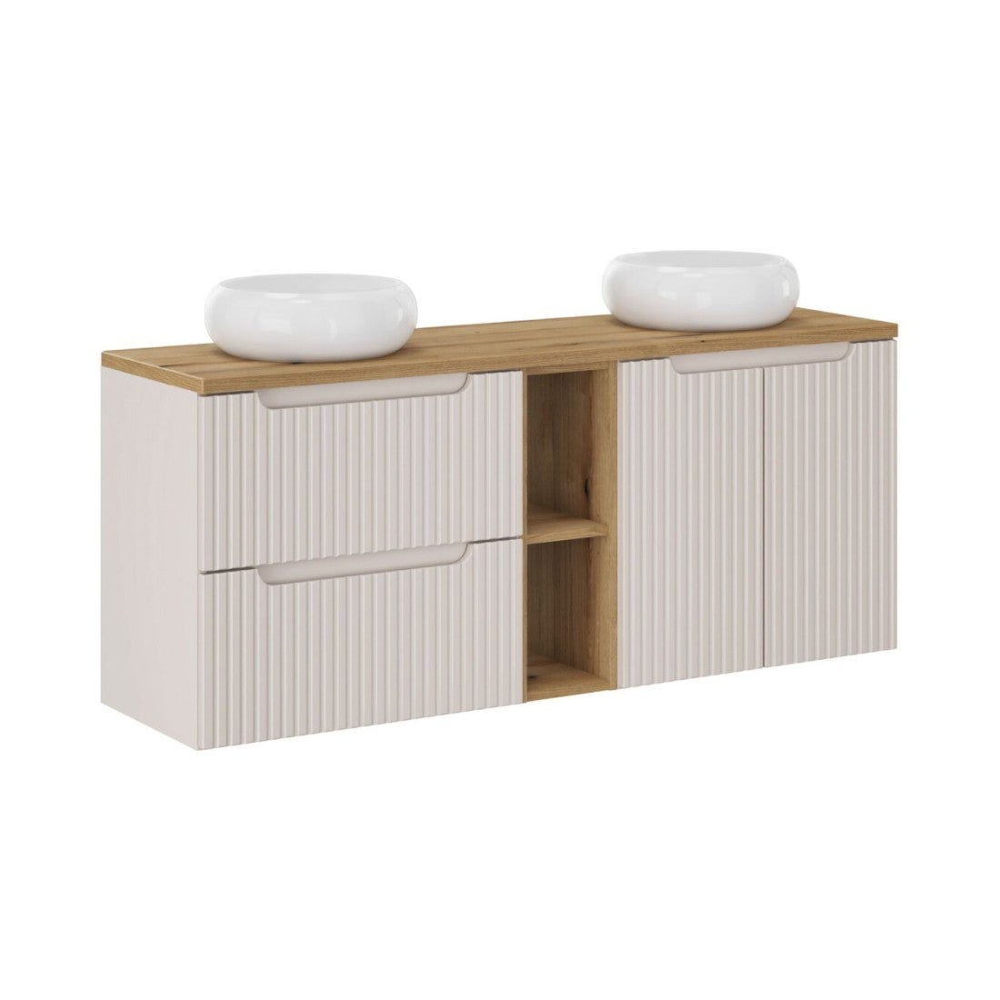 Conjunto vano cachemira y roble 140cm: muebles bajo lavabo con cajones y armarios con nichos visibles + lavabos sobre encimera redondos