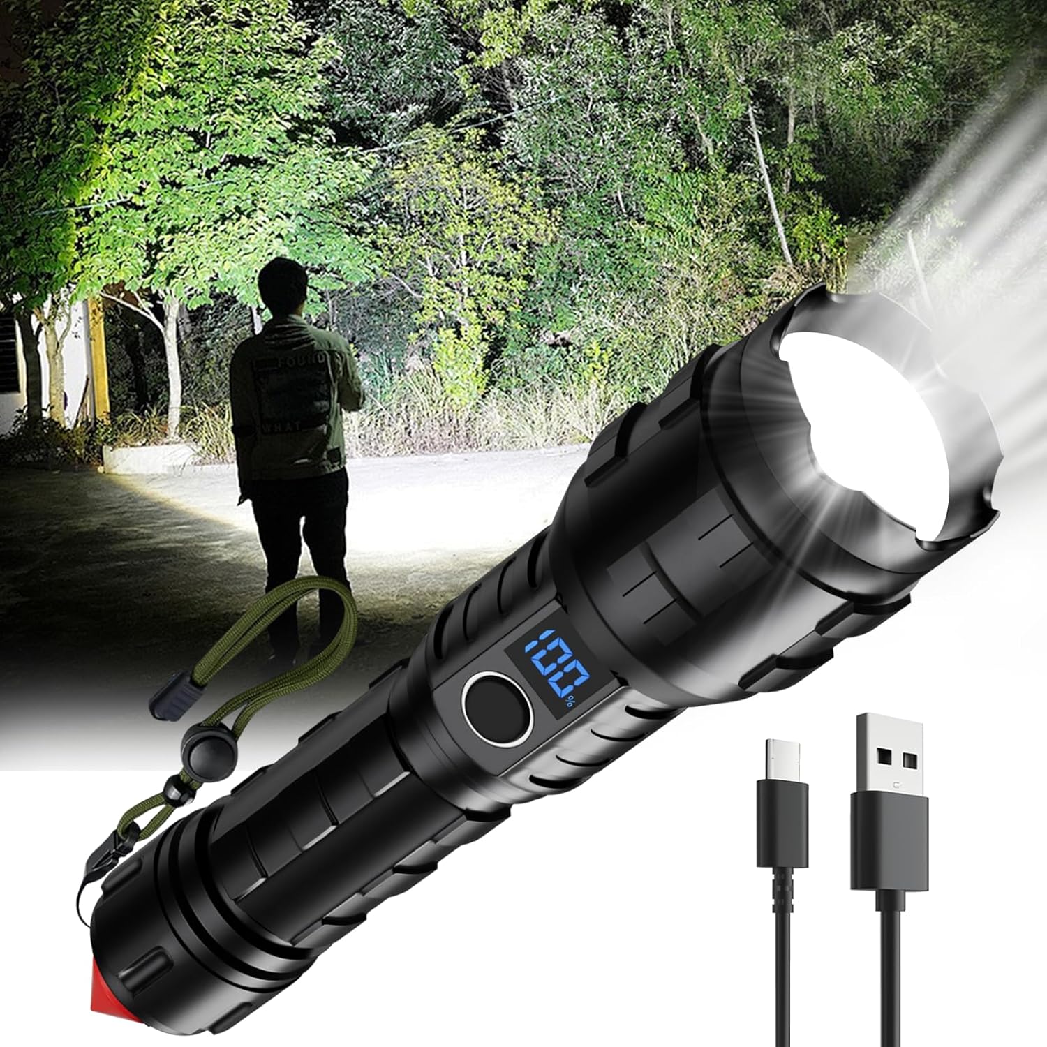 Ładowalna latarka LED, przenośna latarka USB z zoomem, latarka awaryjna 3000mAh, do campingu, pieszych wędrówek i spacerów z psem