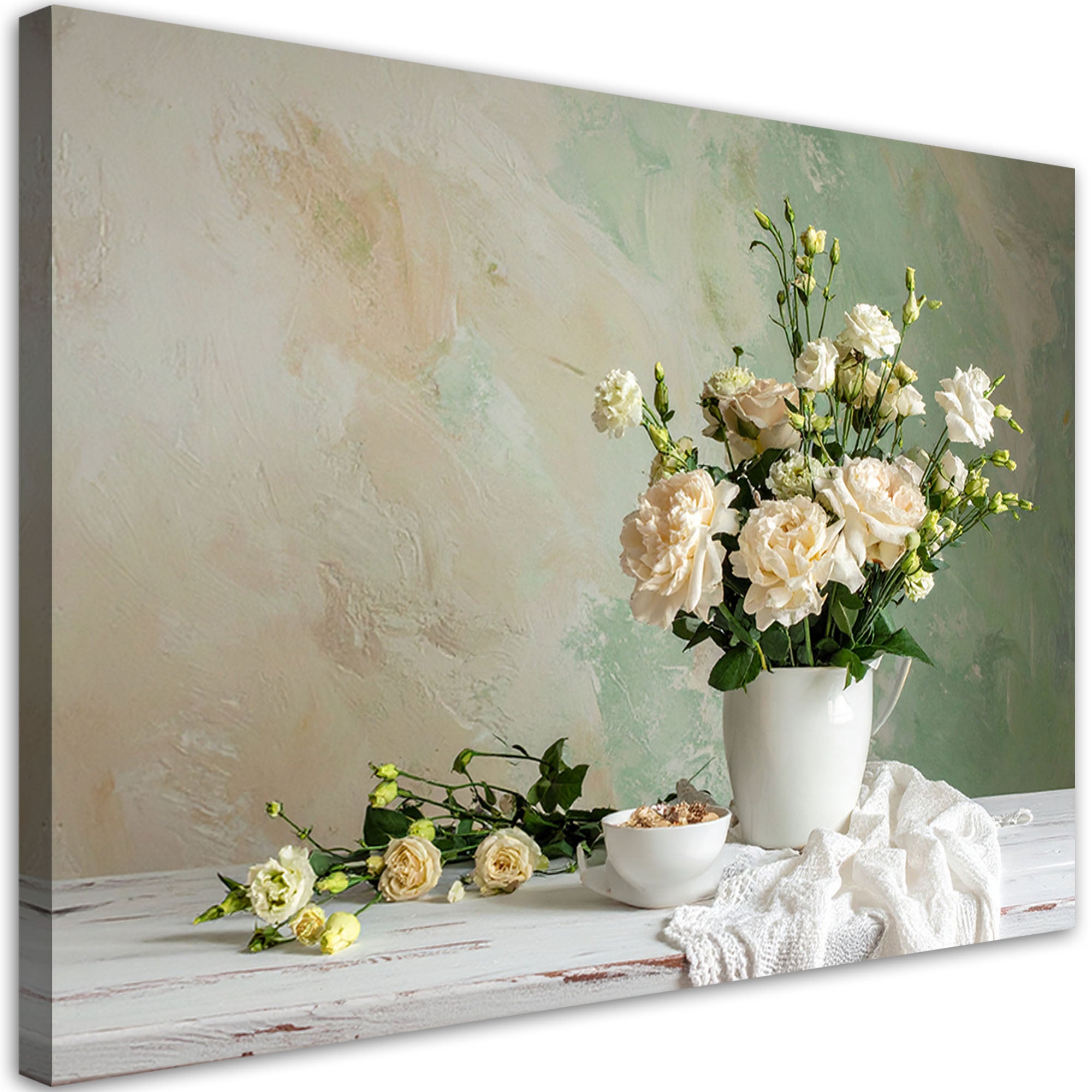 Obraz do salonu sypialni, Kwiaty w stylu shabby chic bukiet róż na pastelowym tle 60x40