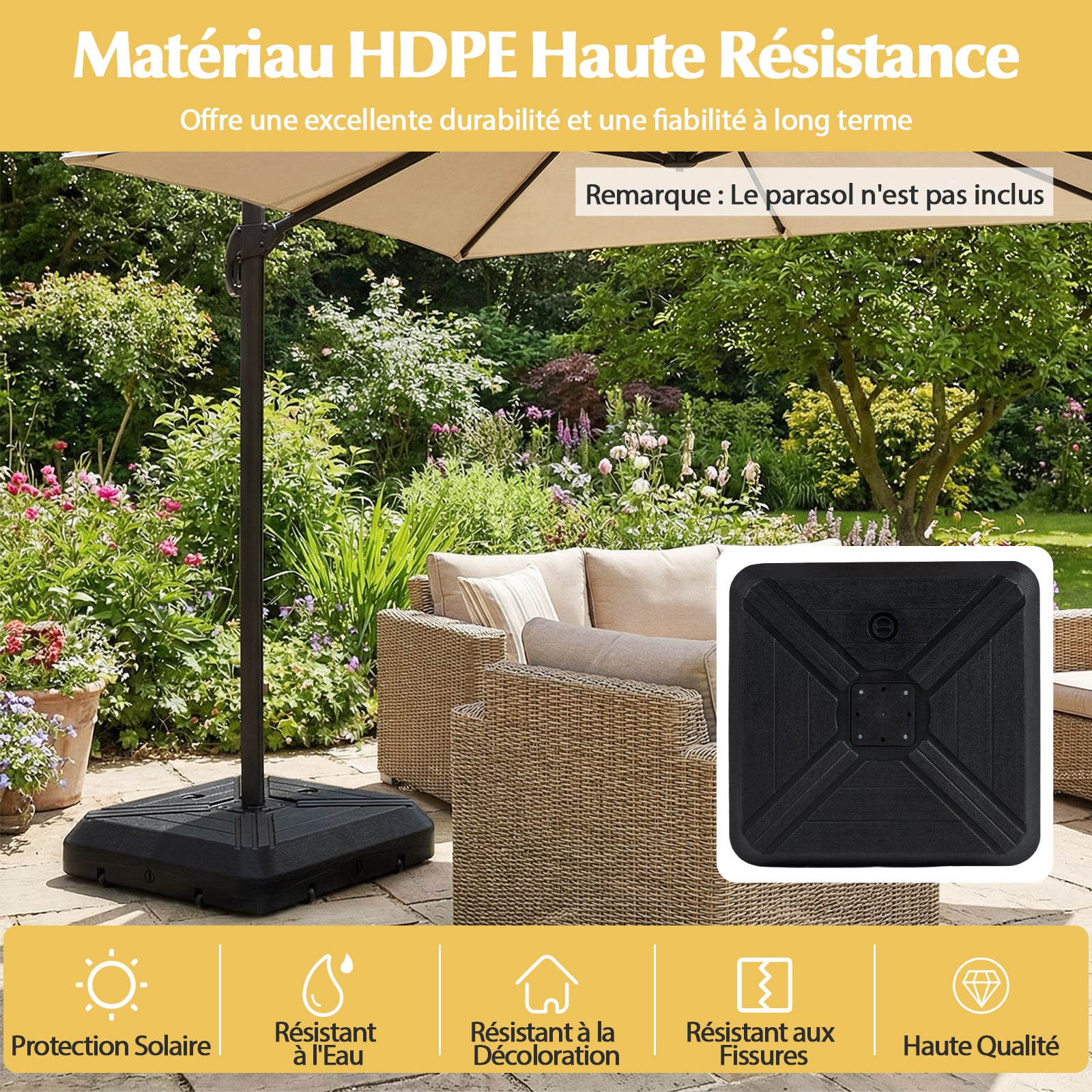 Base de Parasol Déportée Cantilever avec Roulettes, Support Poids pour Parasol avec Barre Transversale en Métal, HDPE, Noir - 7