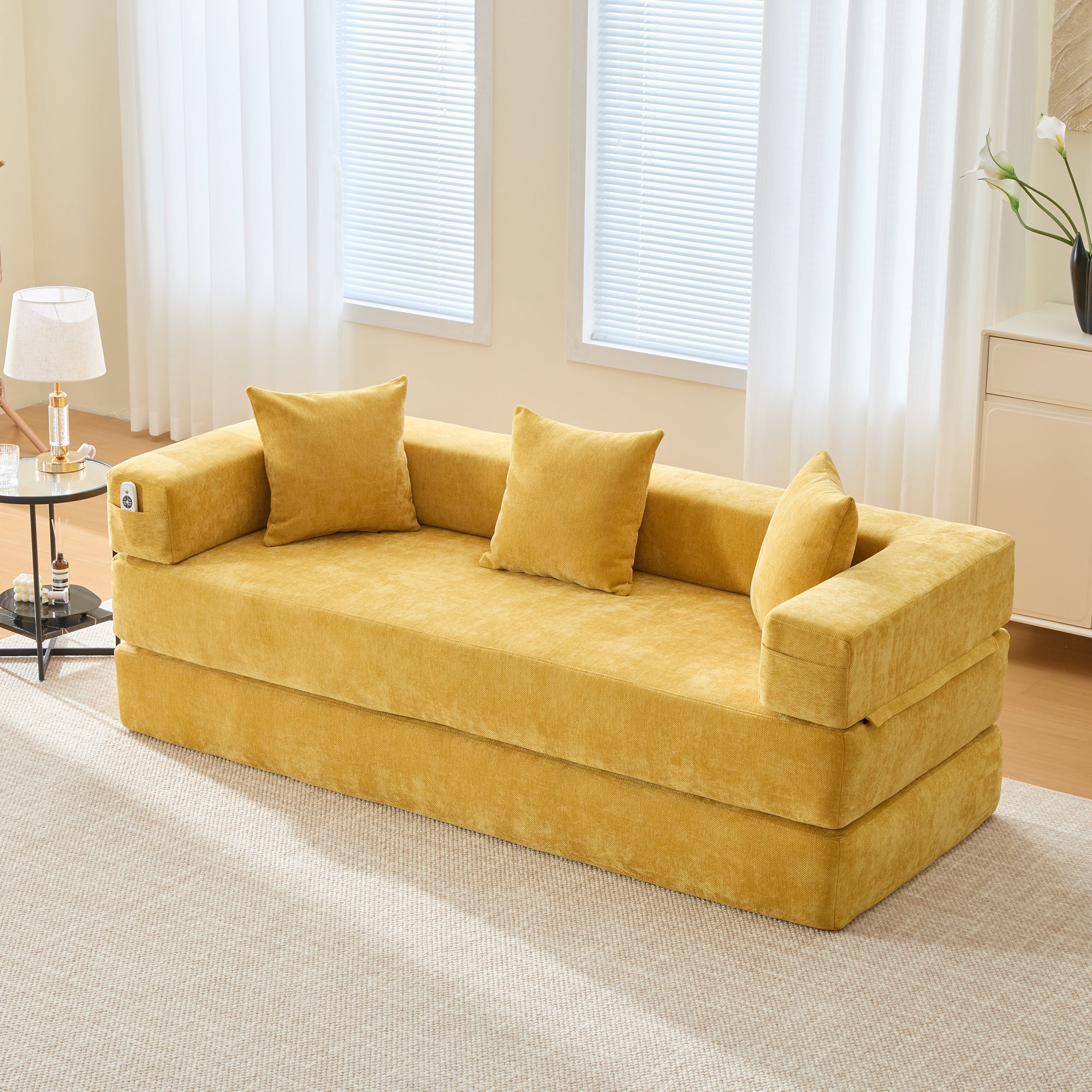 Sofa 2-osobowa z funkcją spania i kieszeniami bocznymi - 198 x 79 x 60 cm - Tkanina szenilowa - Żółta