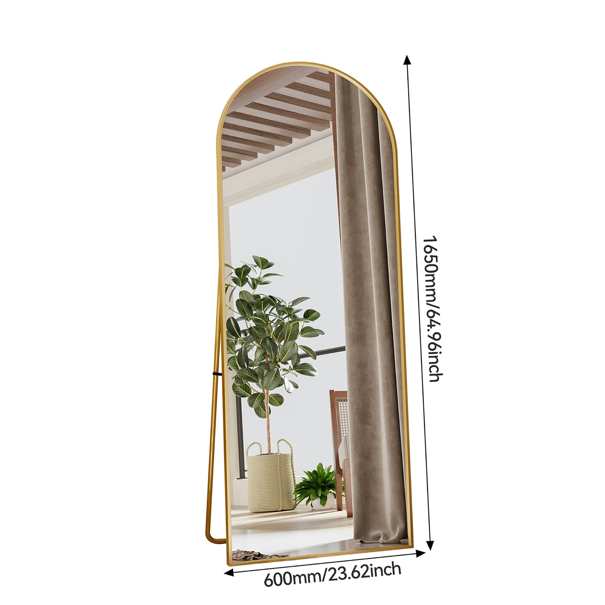 Grand miroir arche - COZY - Miroir sur pied et mural - verre trempé anti-explosion - 60x165 cm - alliage d'aluminium - rétro - doré - 9