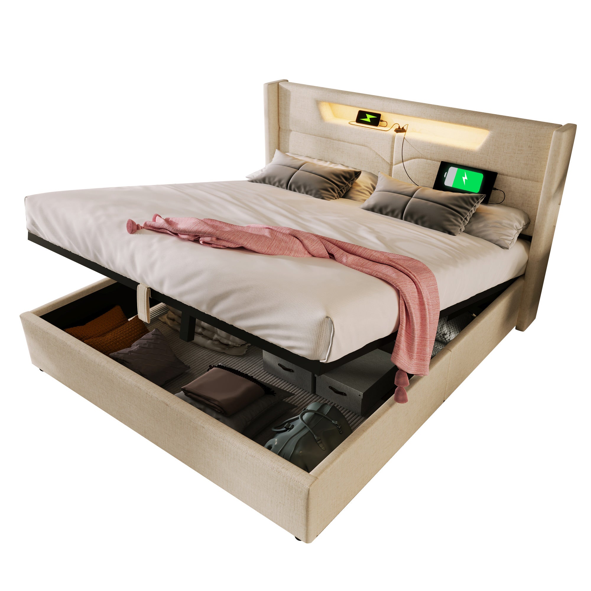 Cama arcón doble, lino, carga USB tipo C e iluminación LED, (140 x 200 cm, beige, sin colchón) - 7