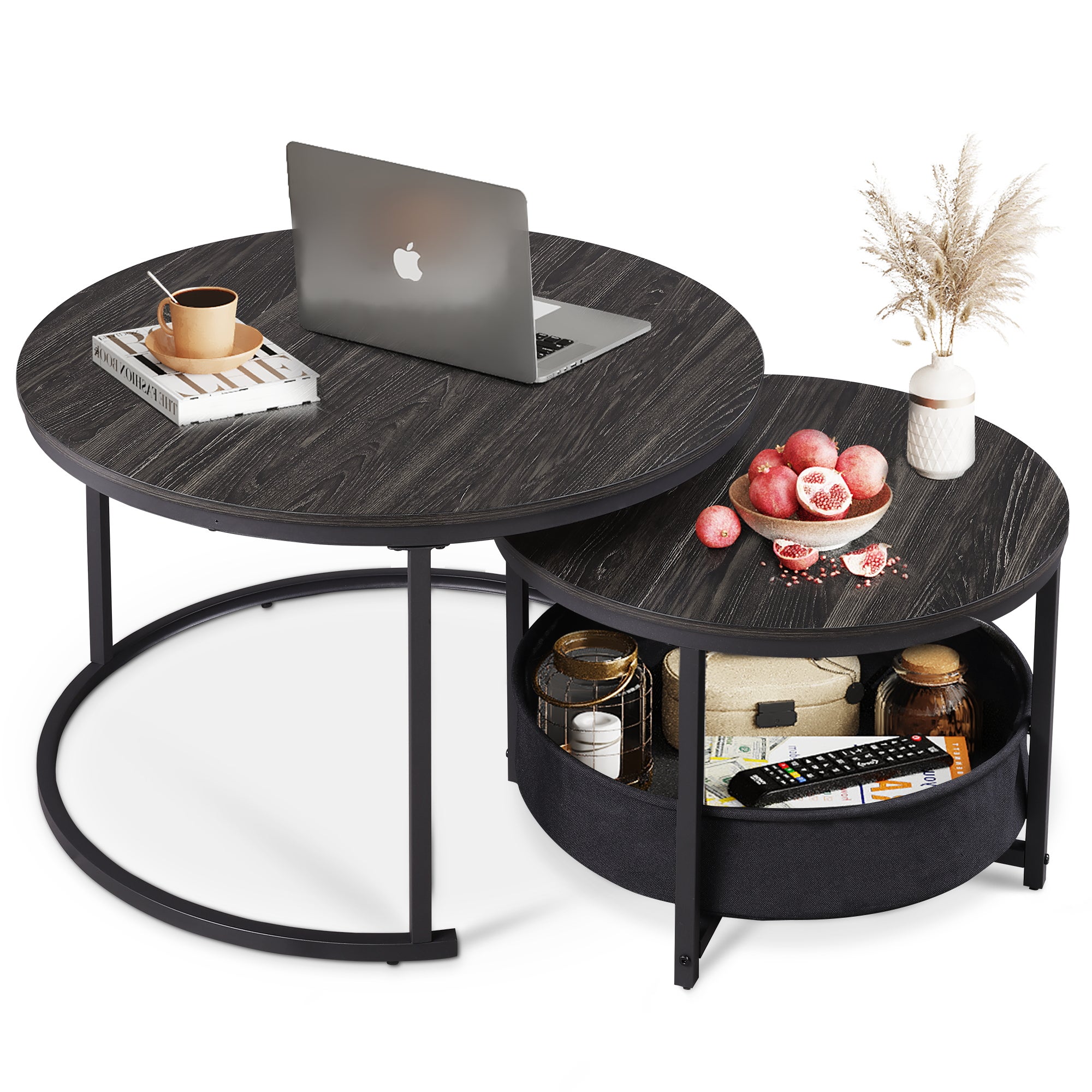 Juego 2 mesas redondas con cesta tela. estructura metálica y tabla madera. para salón y balcón. negro carbón