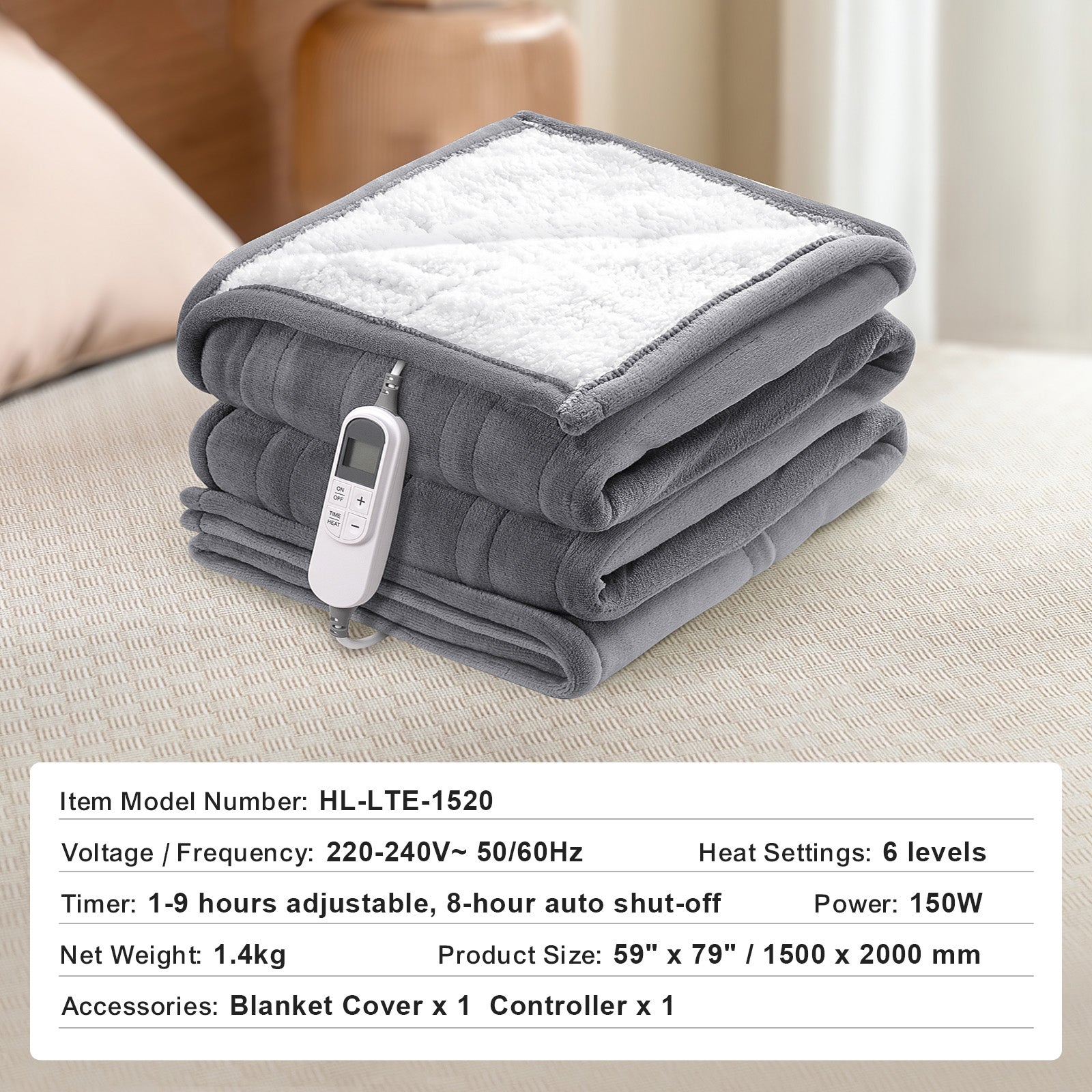 Coperta Riscaldata,SucceBuy Coperta Riscaldata Elettrica 150 x 200 cm Morbida Flanella,Copriletto Riscaldato in Pile con 9 Impostazioni - 9