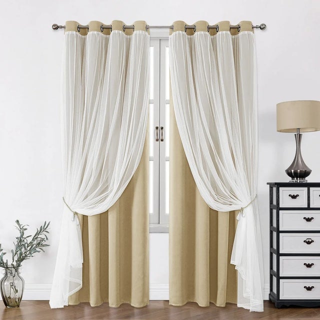 Rideaux occultants à double épaisseur avec voilage superposé, à œillets, faciles à installer, 150 x 250 cm, lot de 2 (Beige)