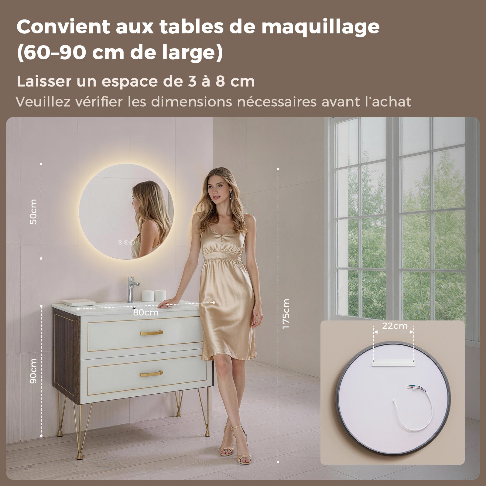 Miroir salle de bain lumineux rond 50 cm, miroir LED avec éclairage antibuée, variateur tactile, 3 couleurs, mémoire - 7