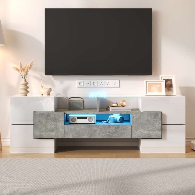 Meuble TV blanc laqué 145 cm, meuble de salon moderne avec LED et surface en verre