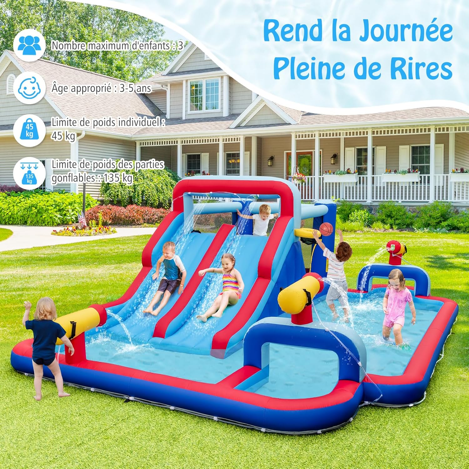 Estrutura insuflável 9 em 1 com escorregas aquáticos duplos e piscina, parque infantil insuflável com zona de saltos e 3 canhões de água, capa - 3
